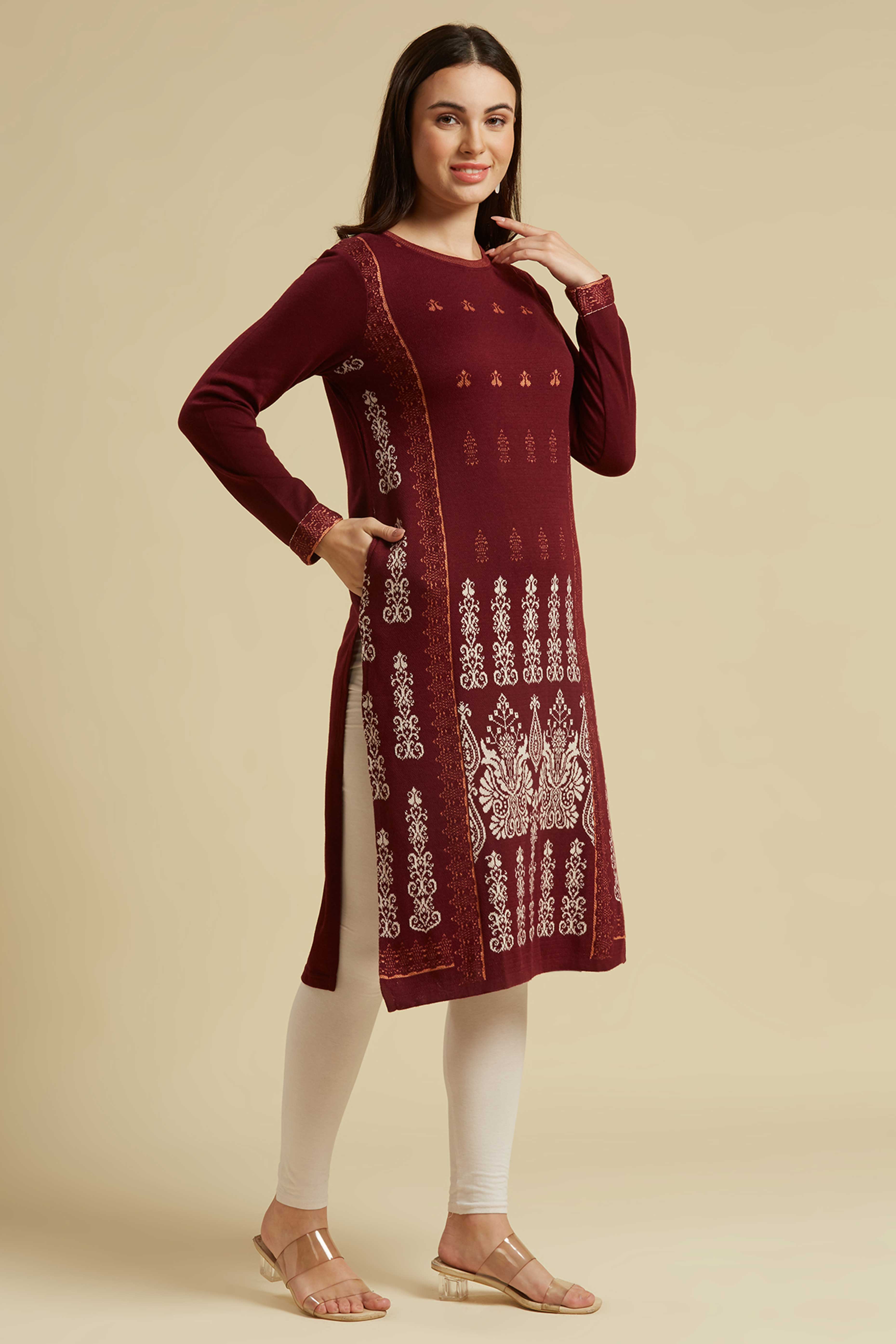 Wine Woolen Straight Kurti