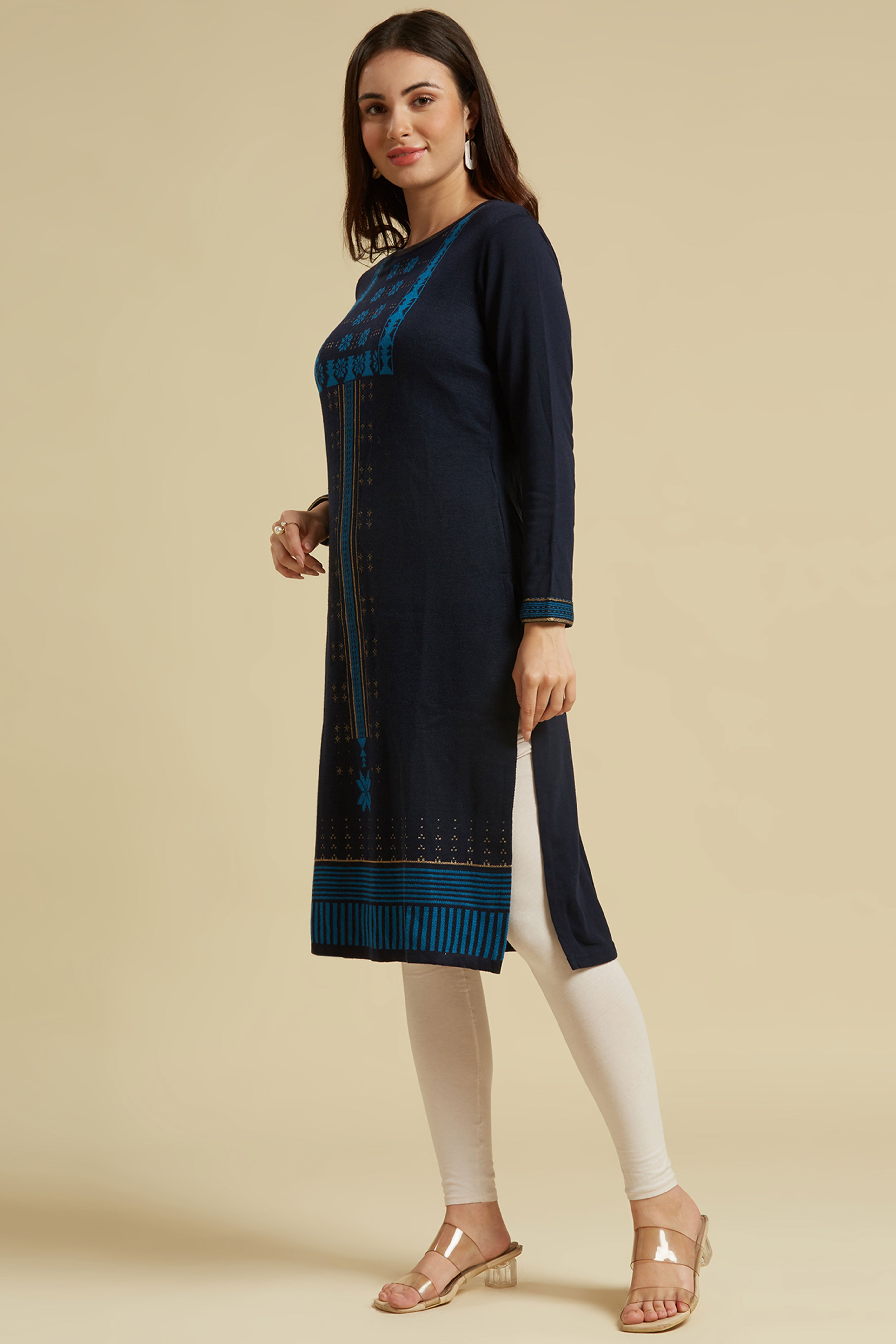 Navy Blue Woolen Straight Kurti