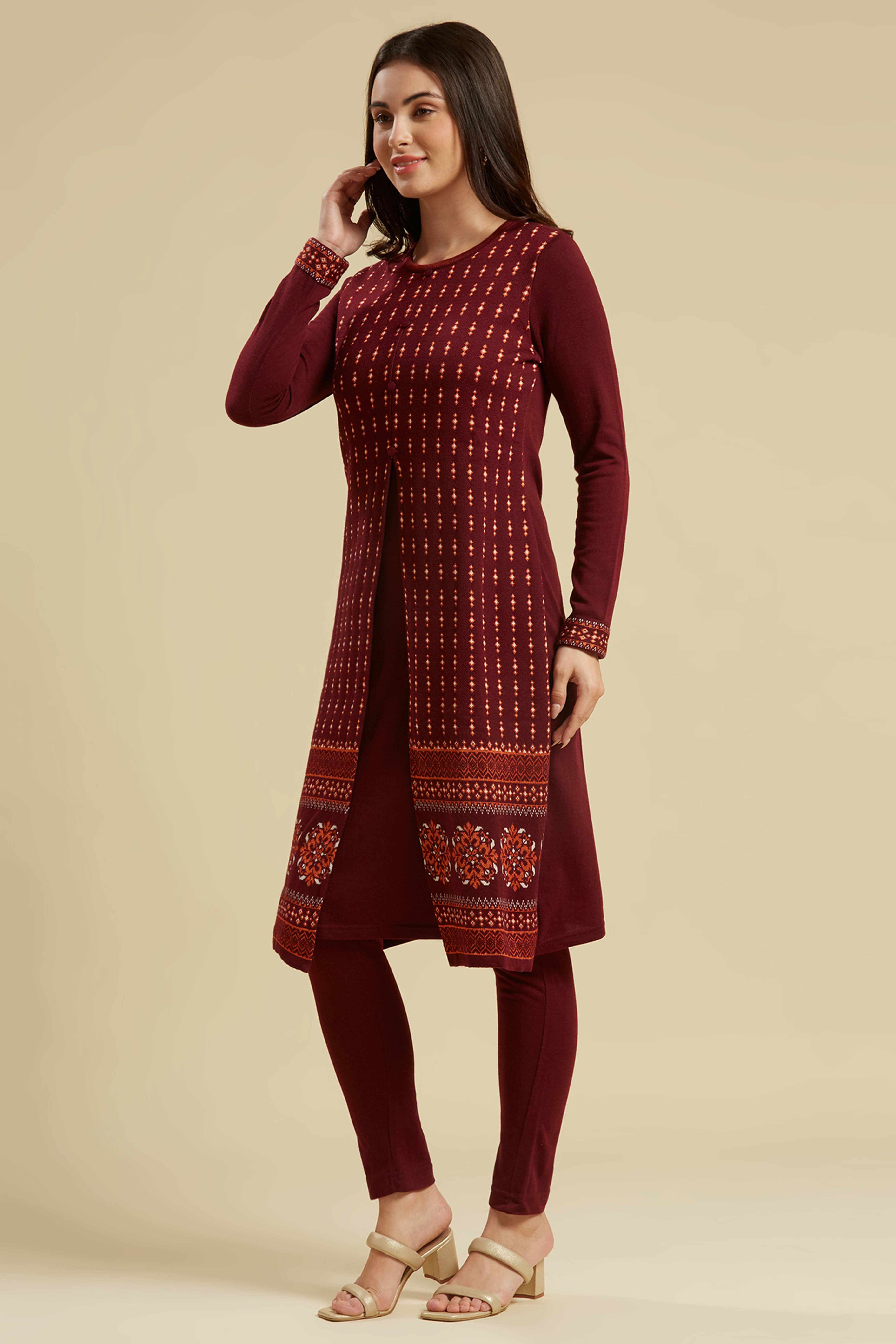 Wine Floral Woolen Top Bottom Set