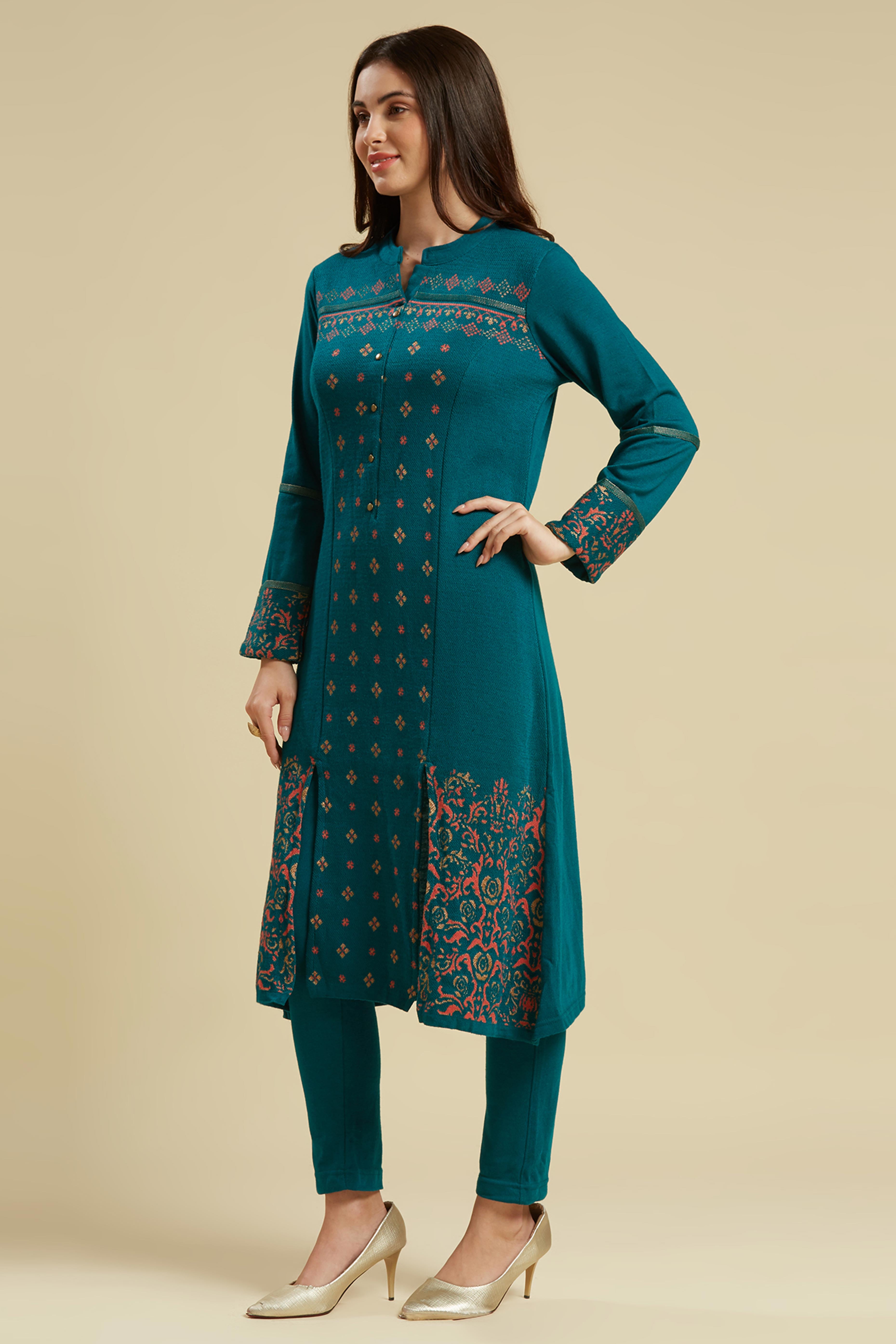 Teal Floral Woolen Top Bottom Set