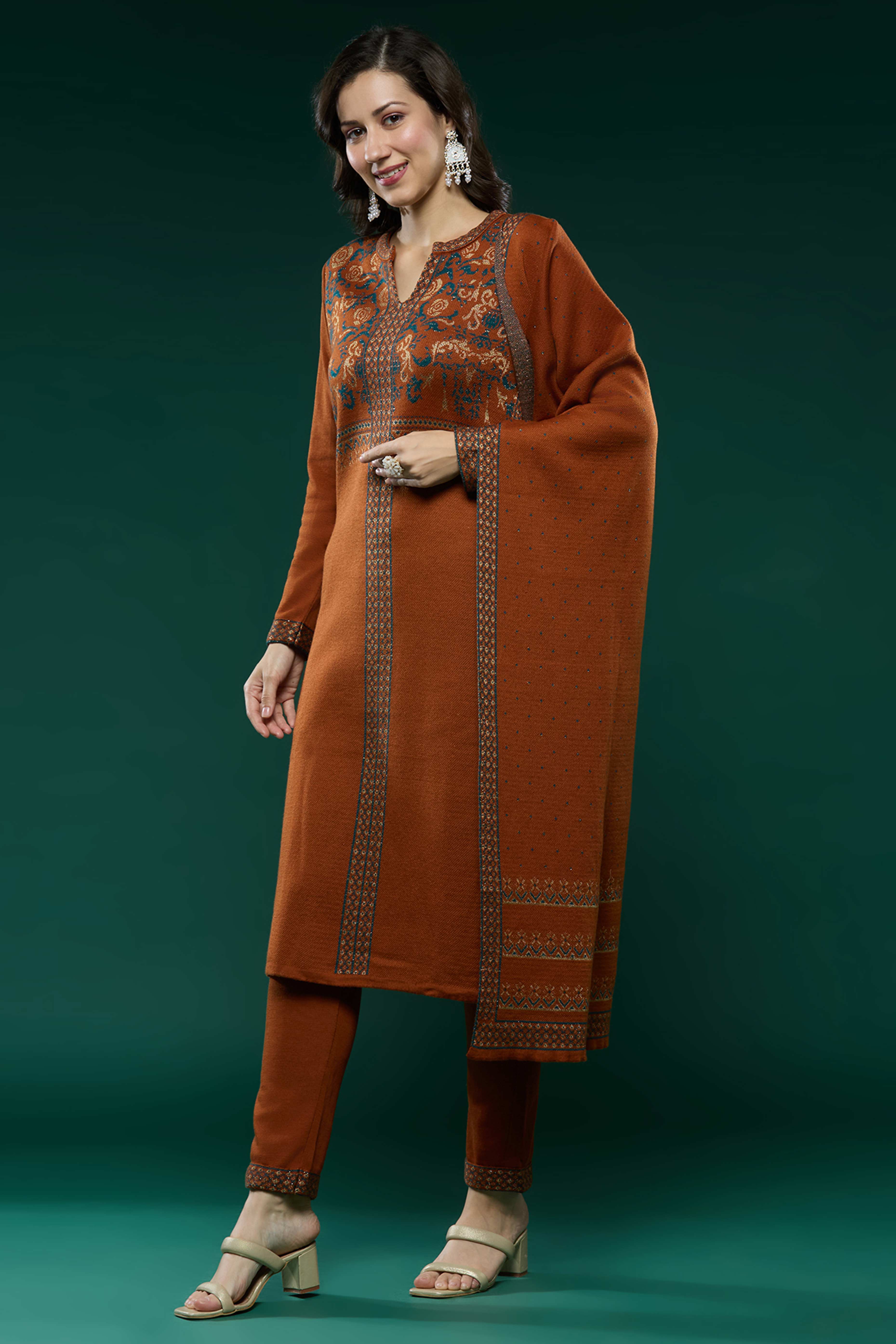 Dark Rust Floral Woolen Salwar Suit