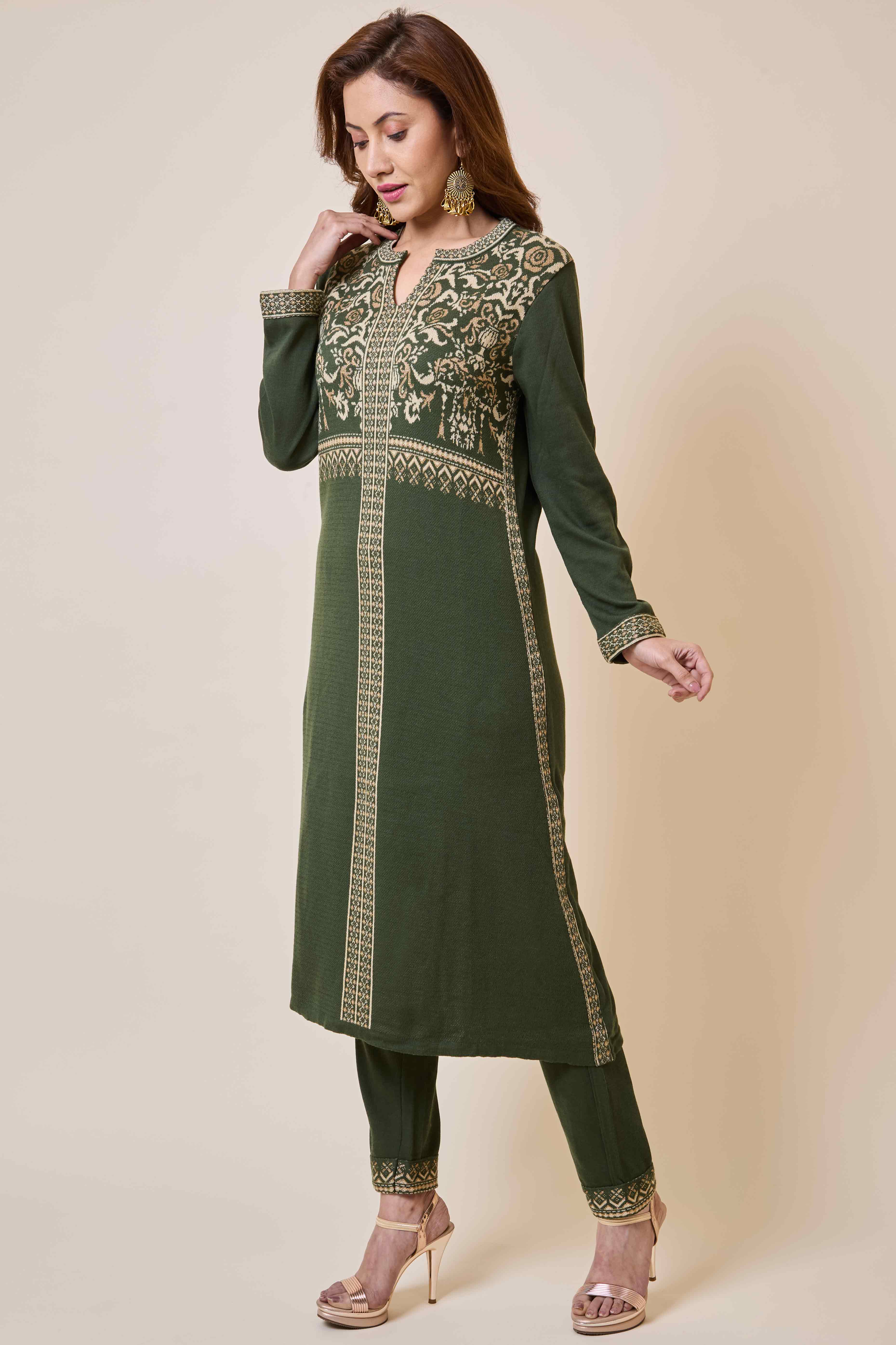 Mehandi Green Floral Woolen Salwar Suit