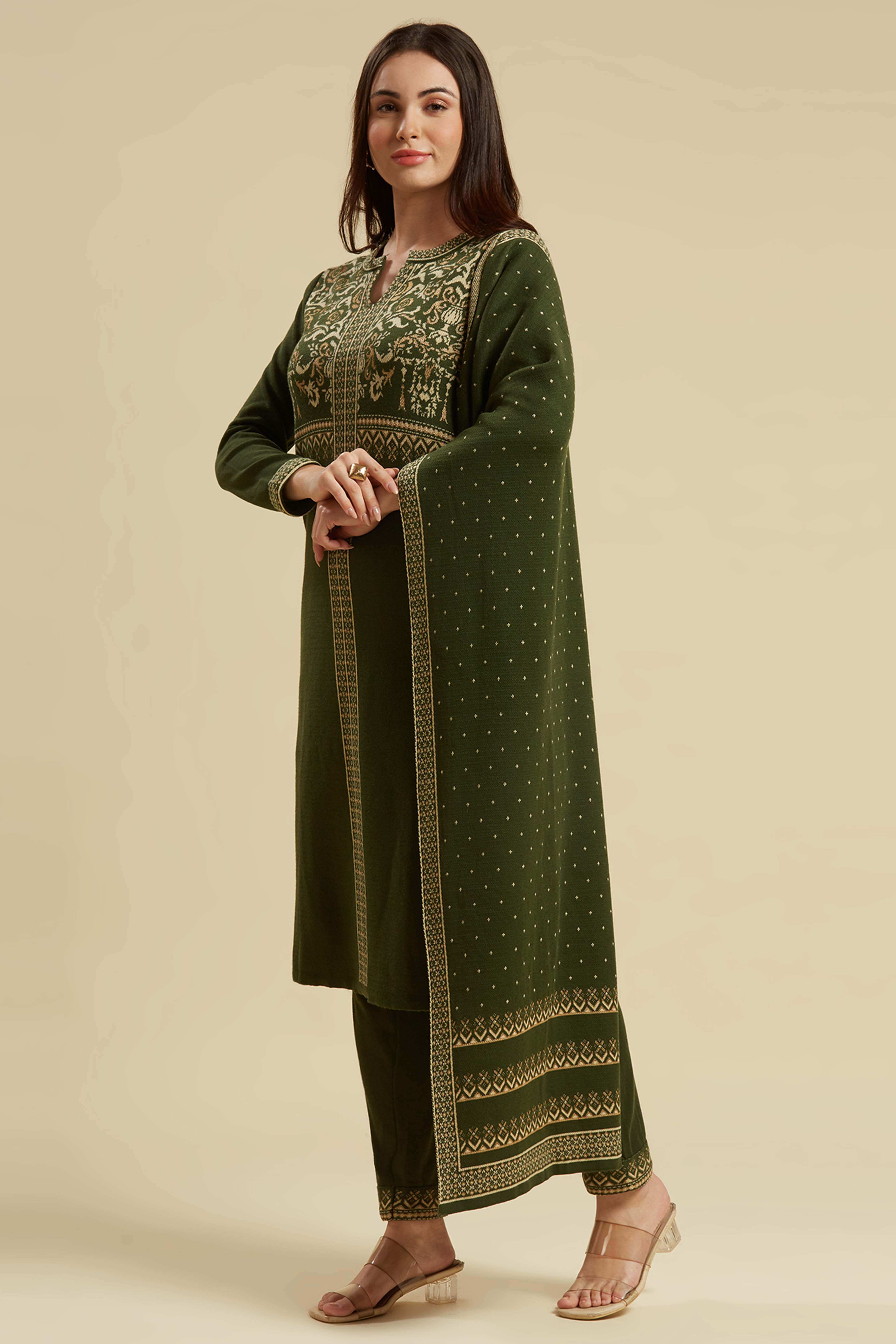 Mehandi Green Floral Woolen Salwar Suit