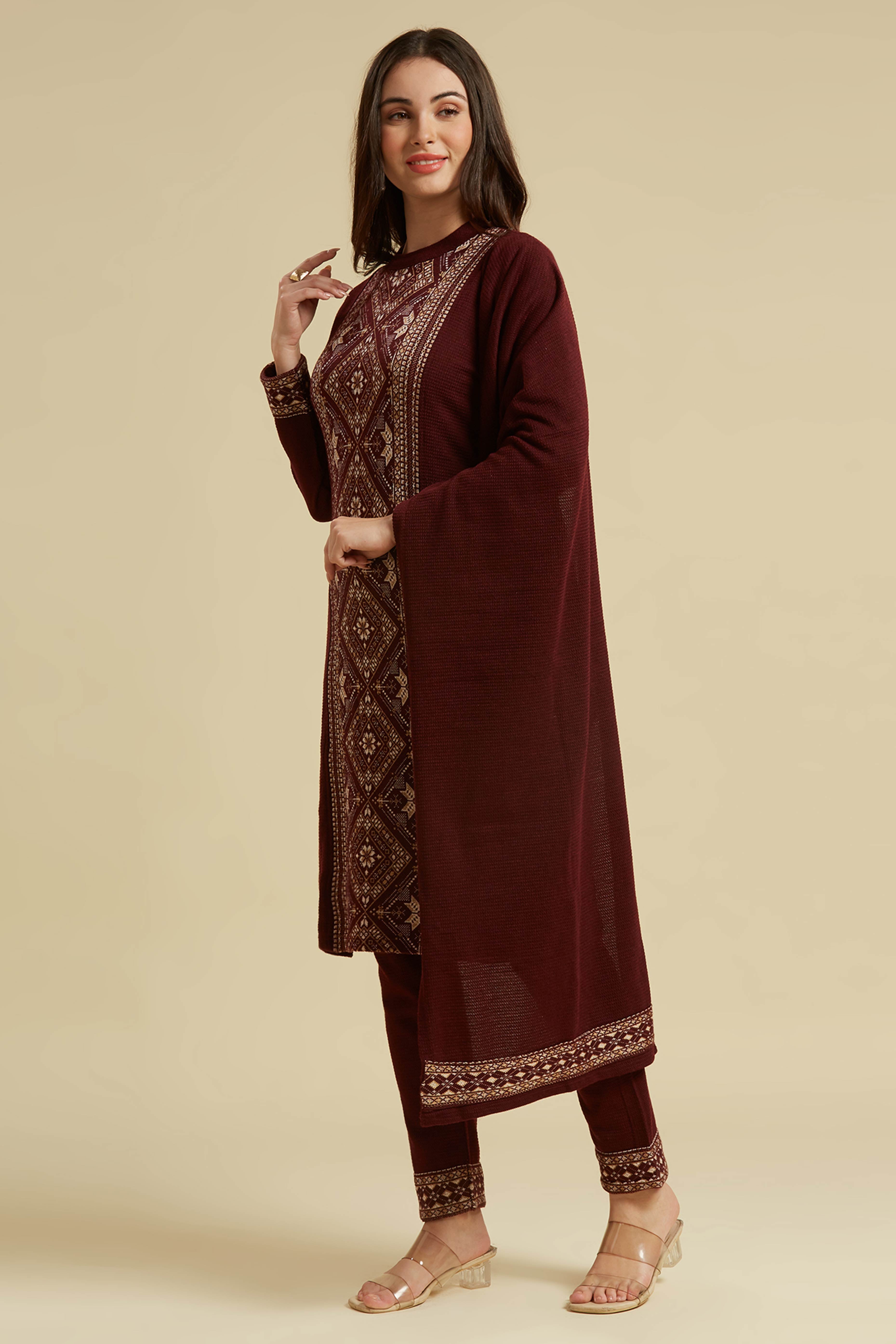 Wine Floral Woolen Salwar Suit