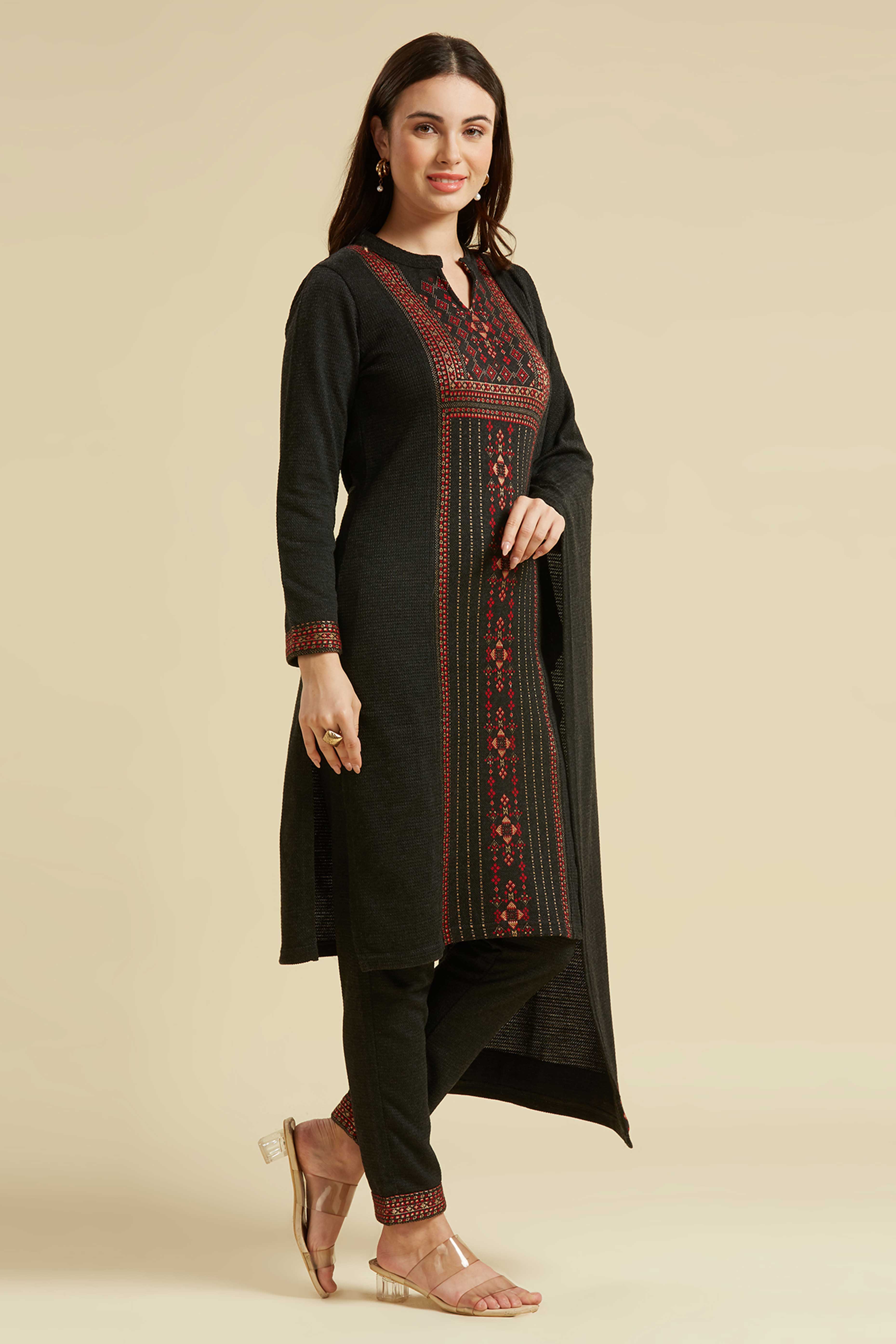 Grey Floral Woolen Salwar Suit