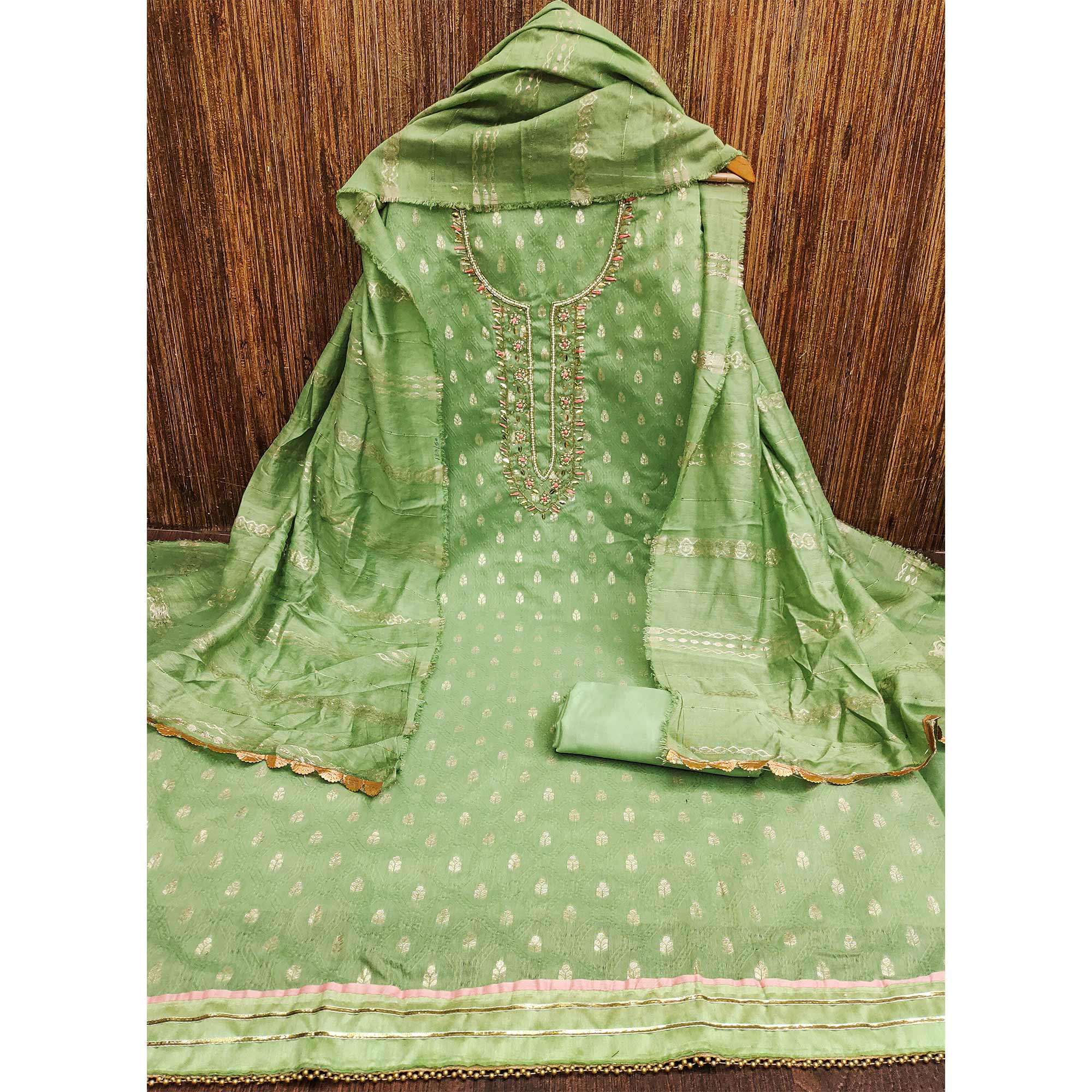 Green Woven With Handwork Jacquard Dress Material