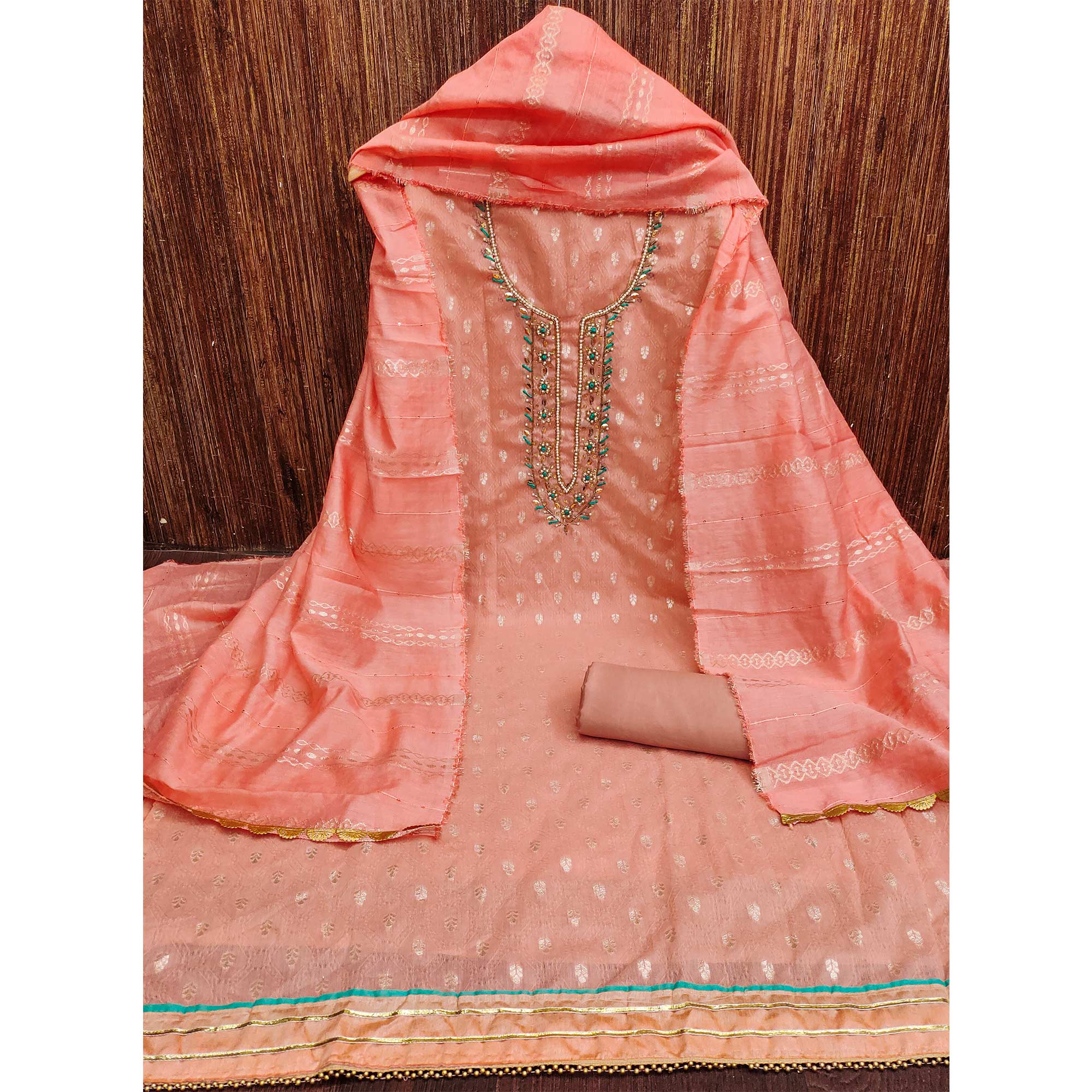 Peach Woven With Handwork Jacquard Dress Material