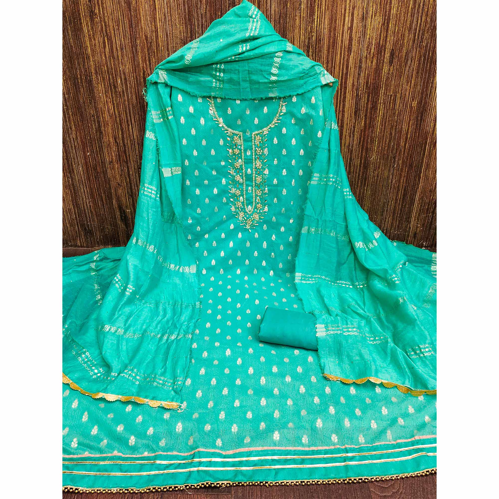 Turquoise Woven With Handwork Jacquard Dress Material