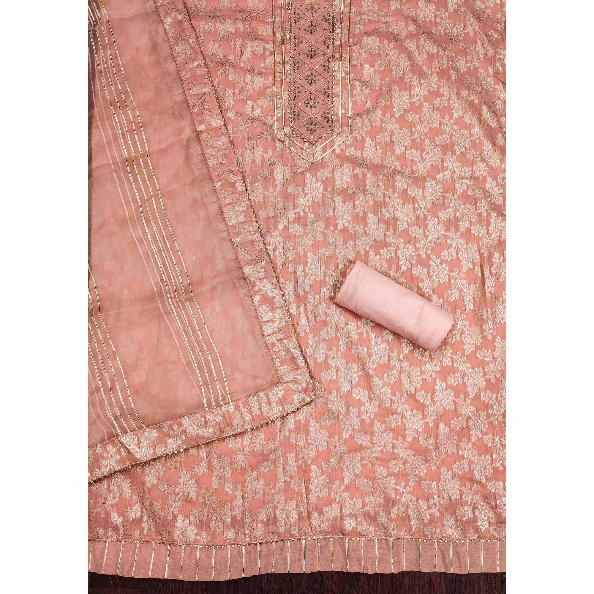 Peach Woven With Handwork Jacquard Dress Material