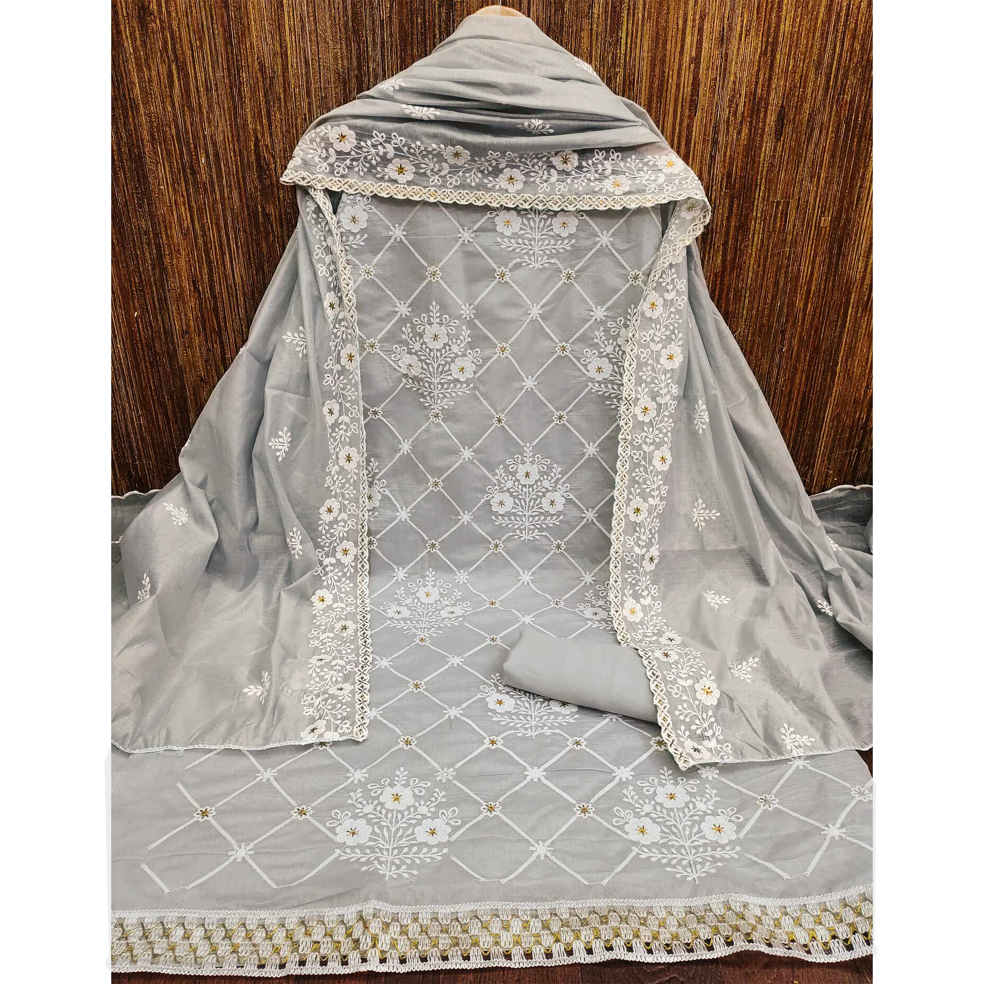 Grey Floral Embroidered Chanderi Cotton Dress Material