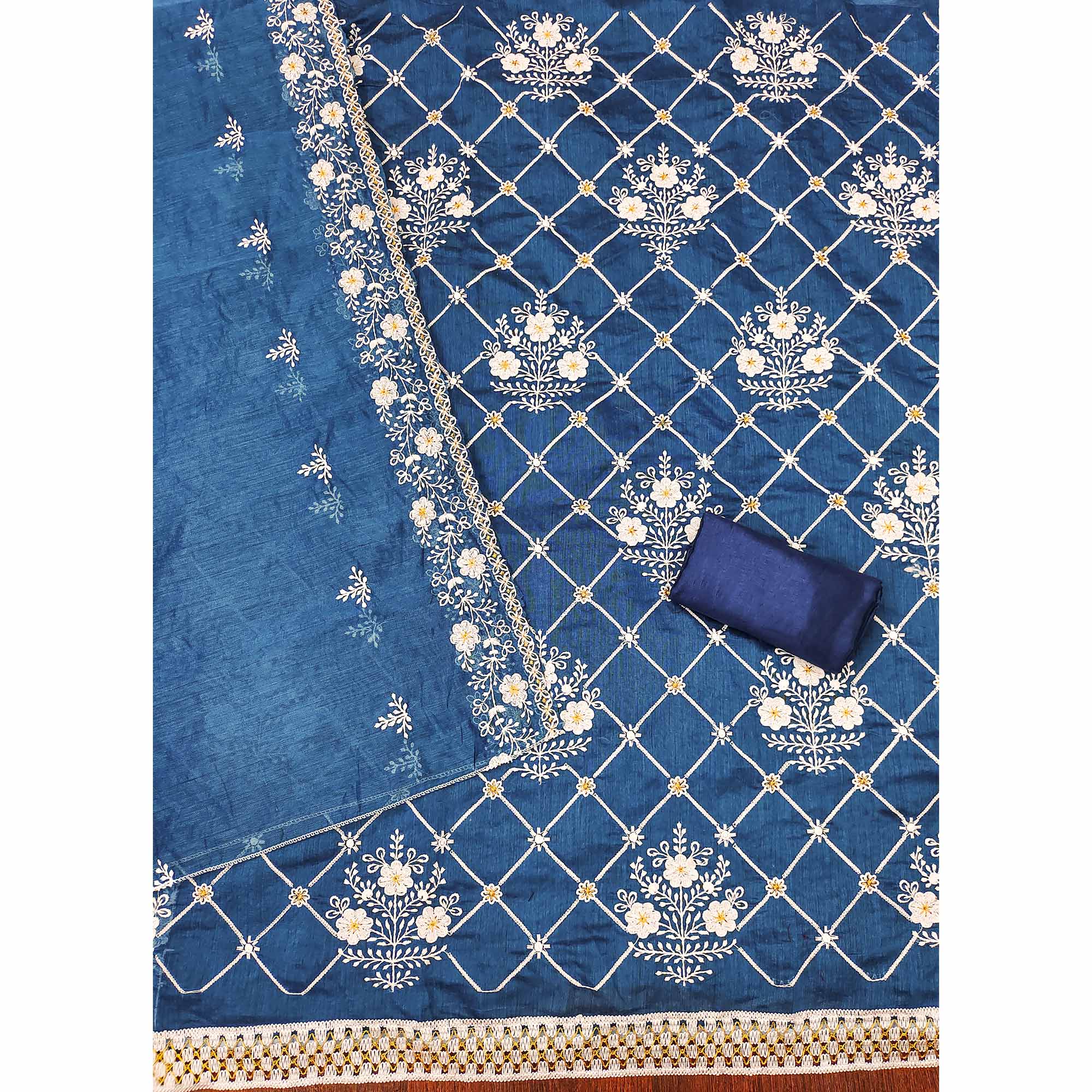 Indigo Blue Floral Embroidered Chanderi Cotton Dress Material