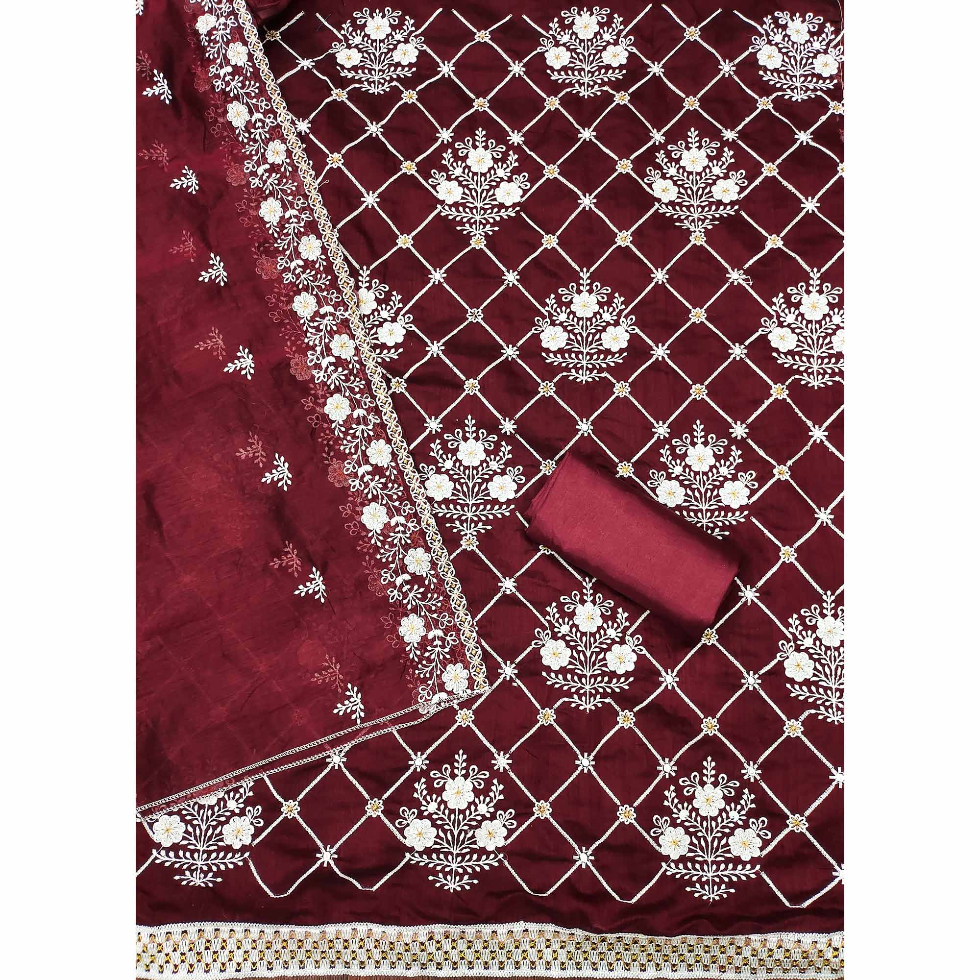 Maroon Floral Embroidered Chanderi Cotton Dress Material