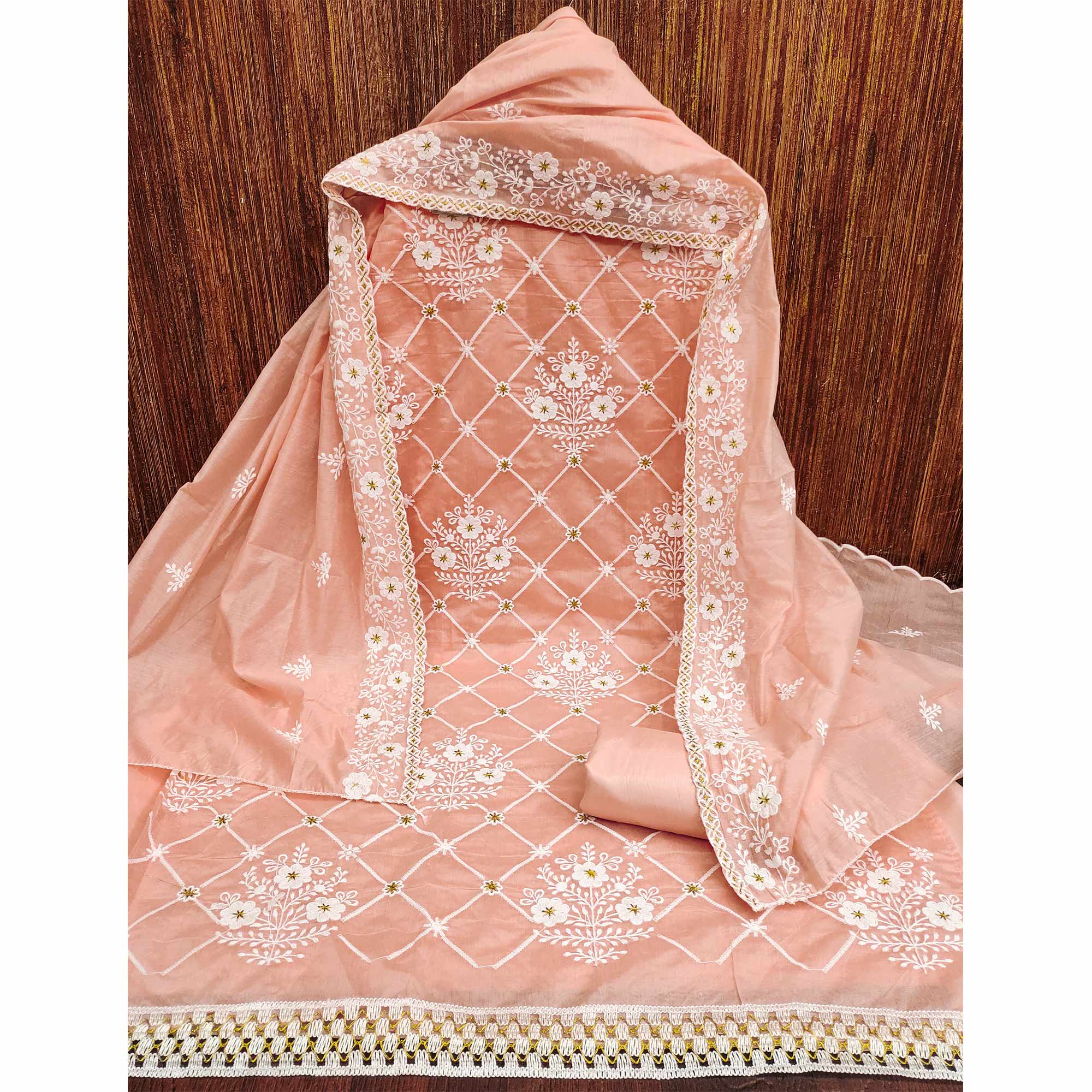 Peach Floral Embroidered Chanderi Cotton Dress Material