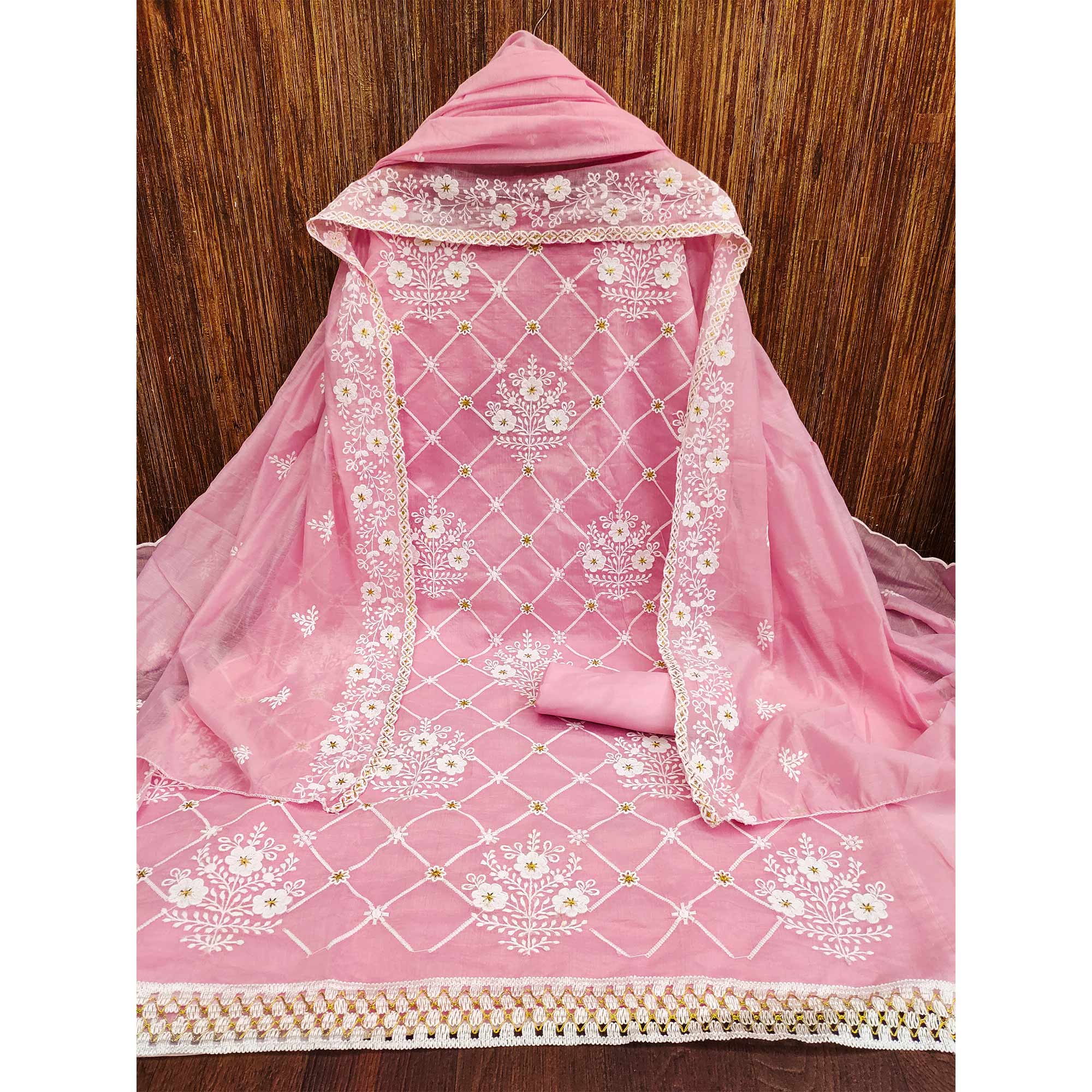 Pink Floral Embroidered Chanderi Cotton Dress Material