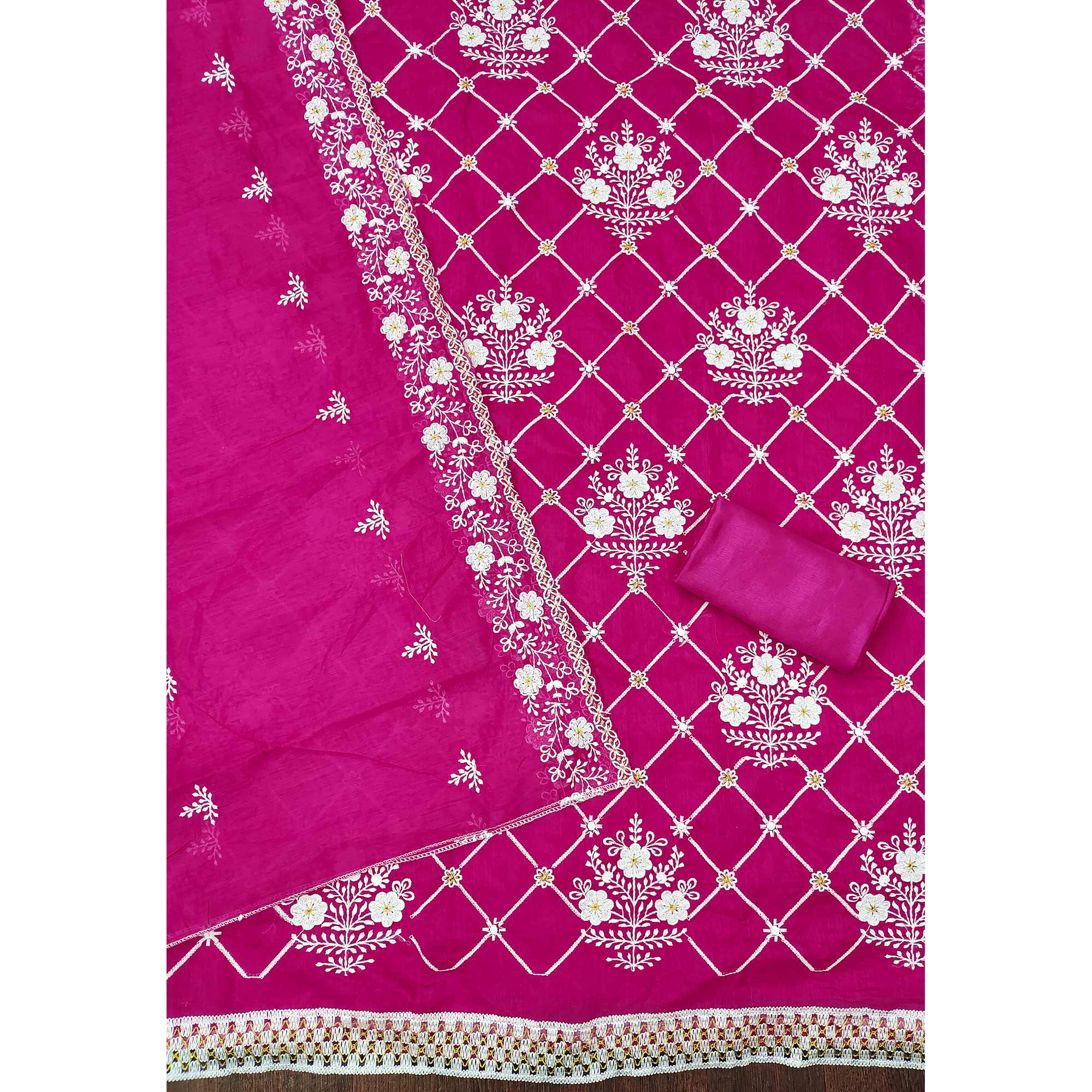 Rani Pink Floral Embroidered Chanderi Cotton Dress Material