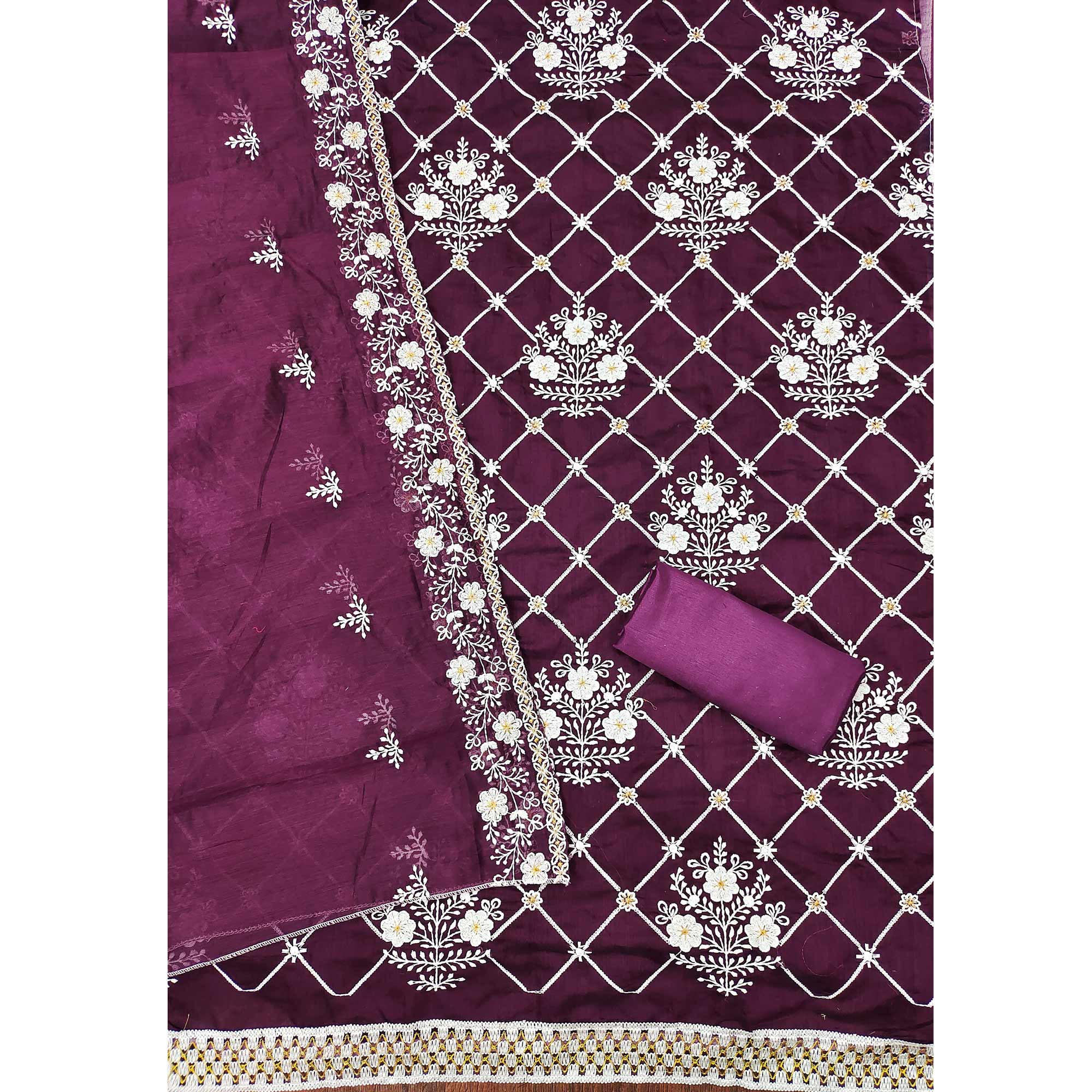 Wine Floral Embroidered Chanderi Cotton Dress Material