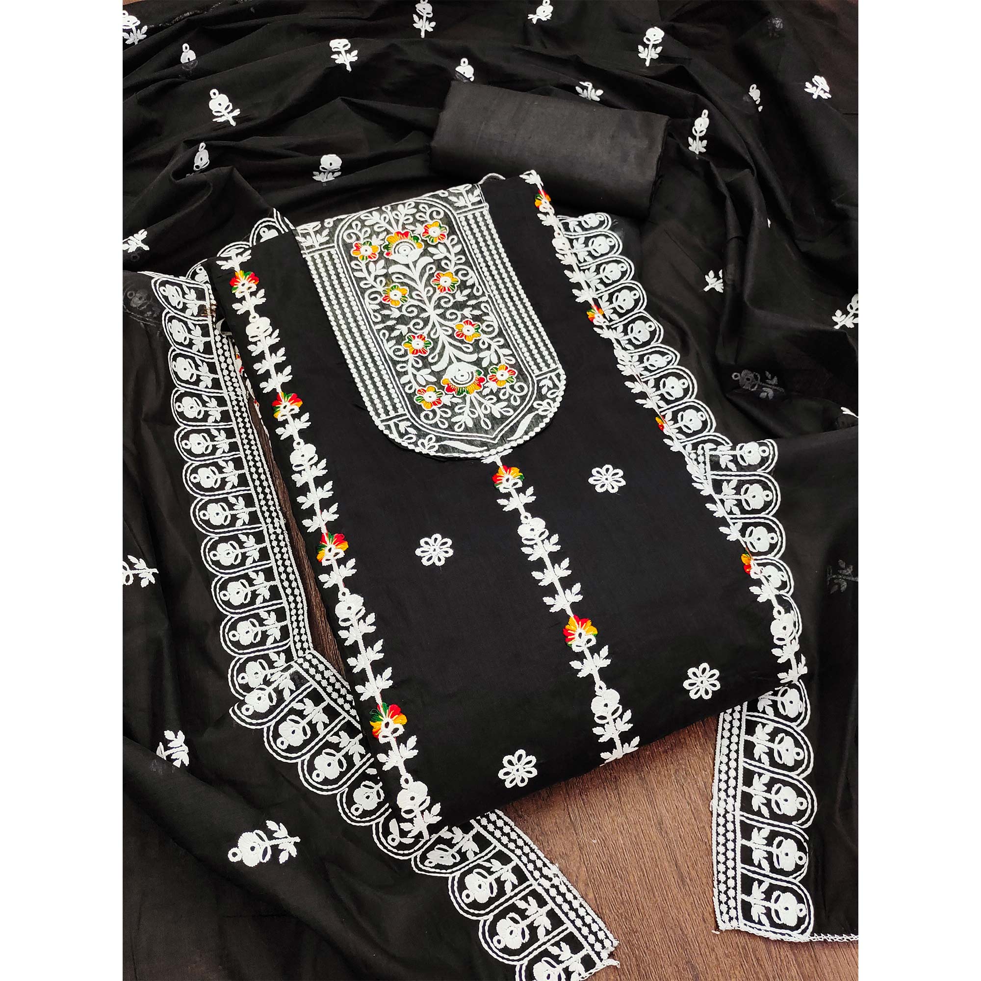 Black Floral Embroidered Chanderi Cotton Dress Material
