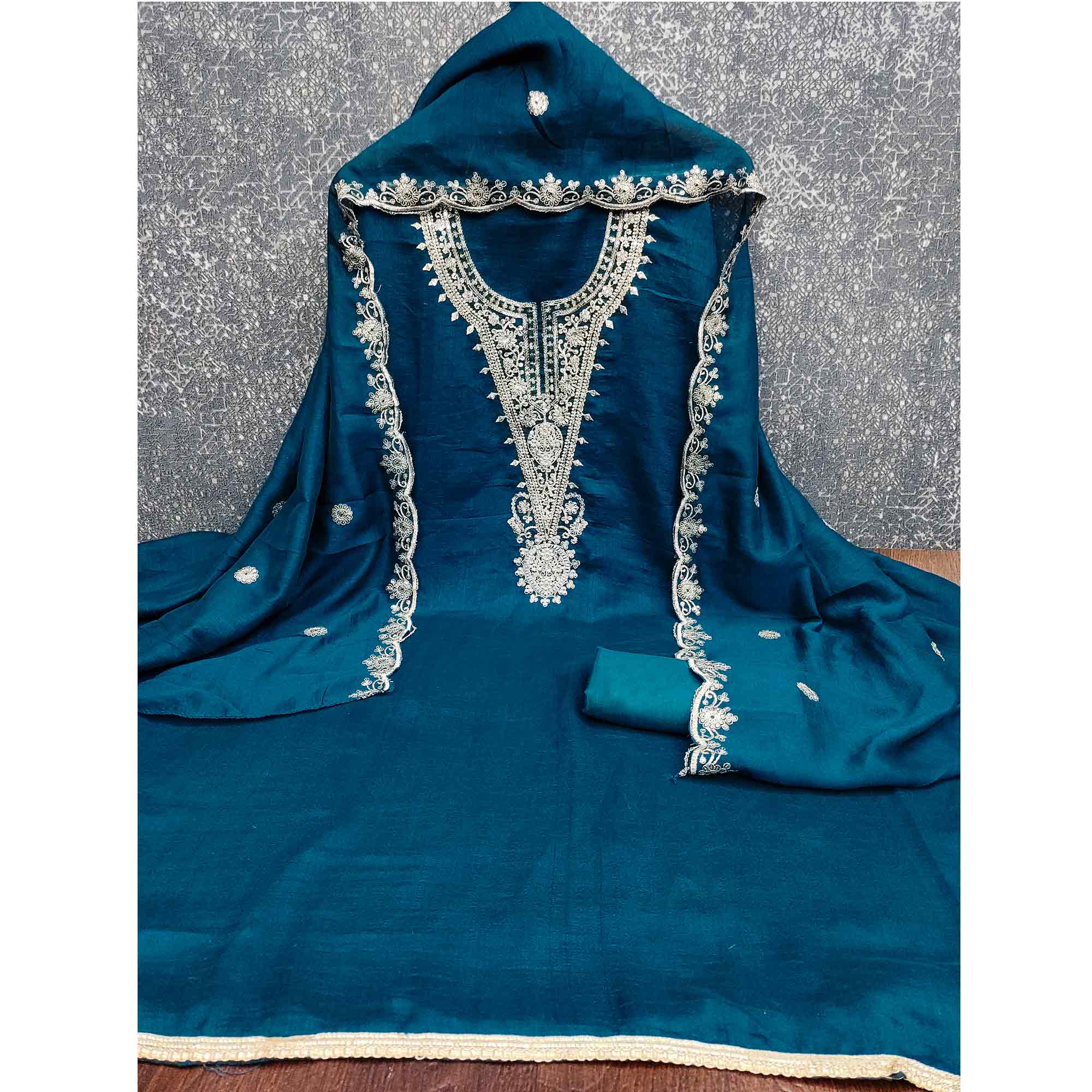 Elegant Blue Floral Embroidered Dress Material In Vichitra Silk With Sequins Detailing