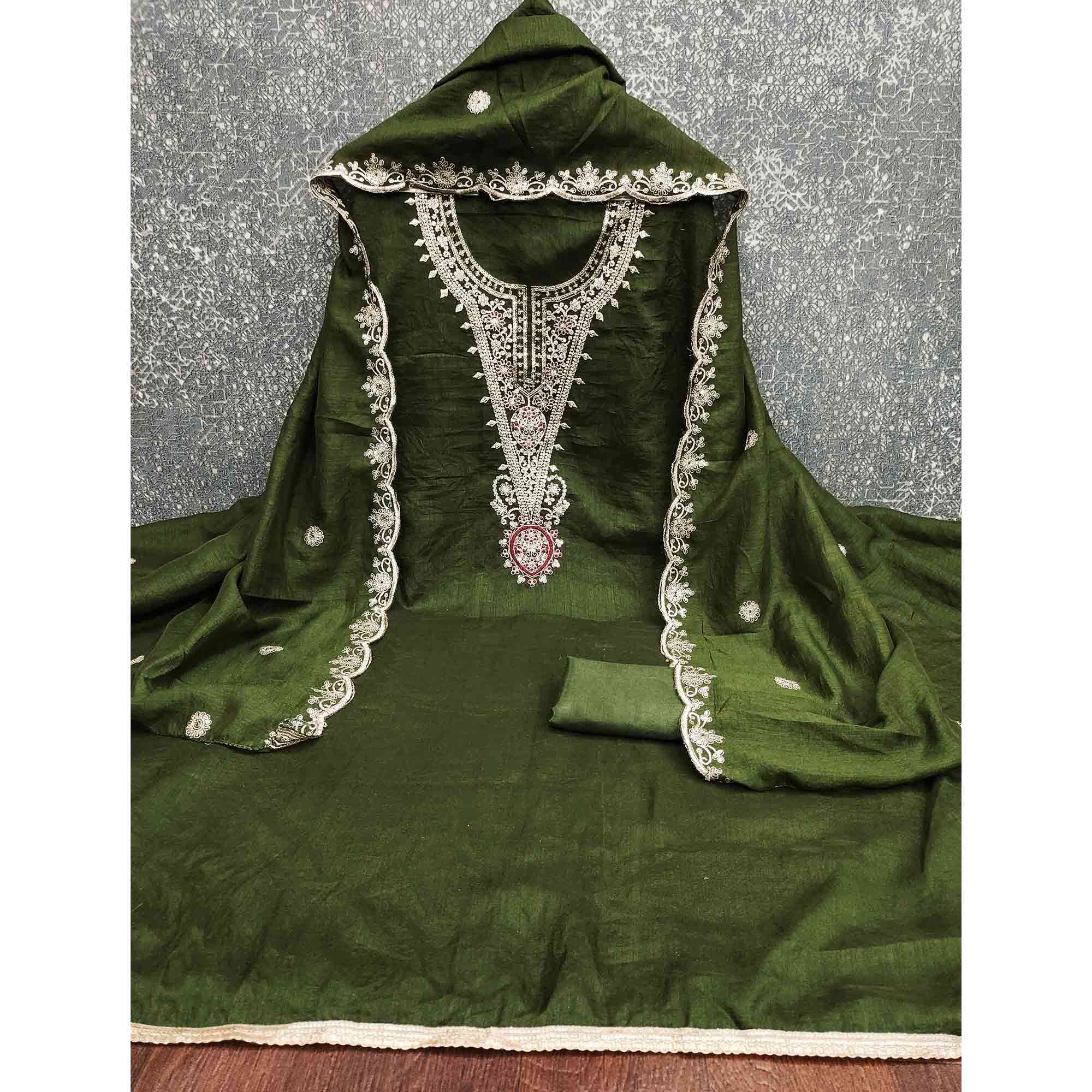 Elegant Green Floral Embroidered Dress Material In Vichitra Silk With Sequins Detailing