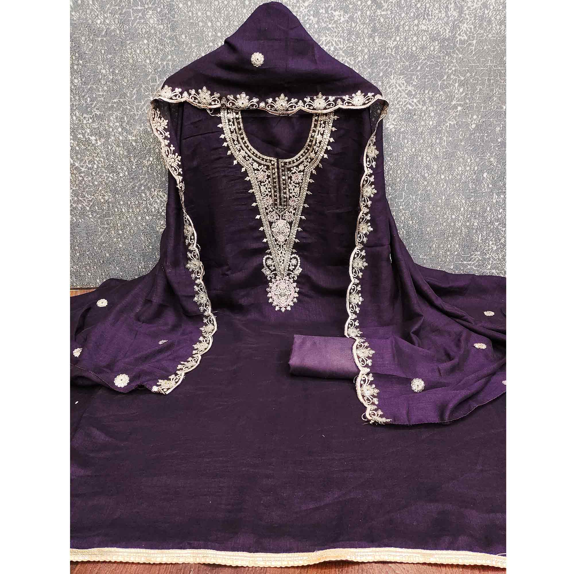 Elegant Purple Floral Embroidered Dress Material In Vichitra Silk With Sequins Detailing