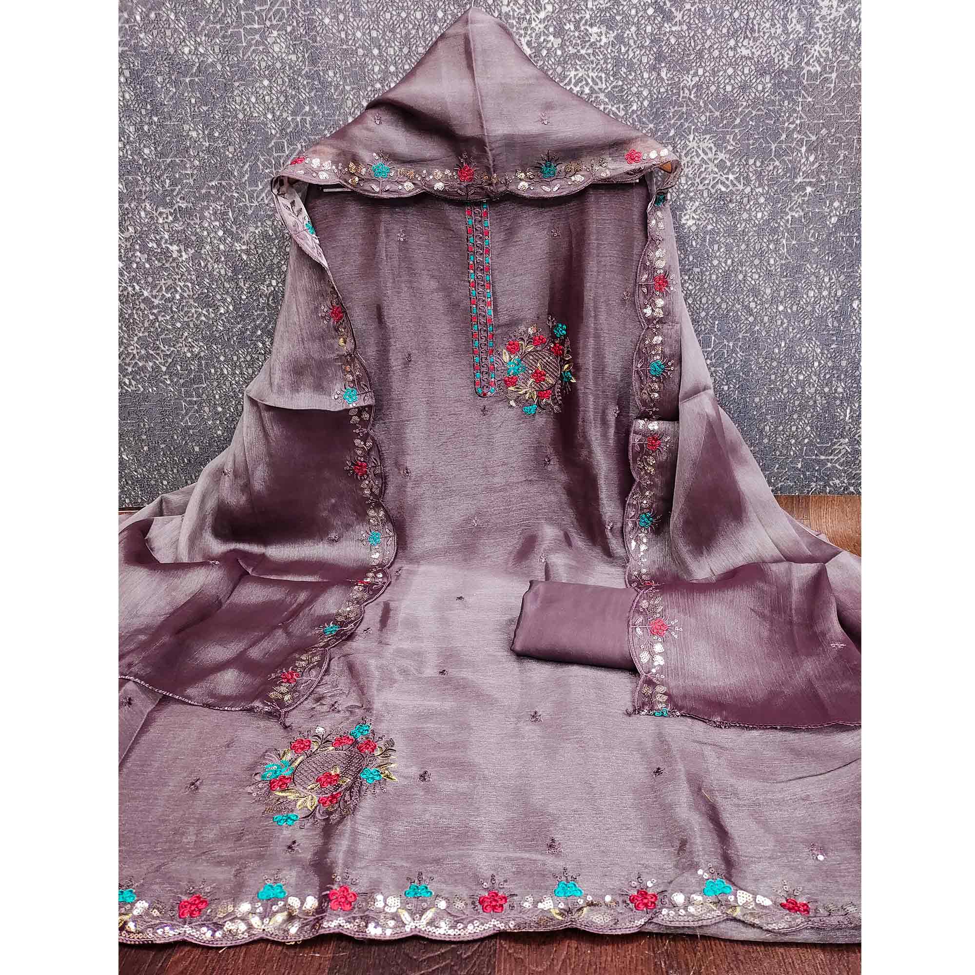 Graceful Lavender Silk Blend Dress Material Featuring Exquisite Floral Embroidery & Sequins Accents