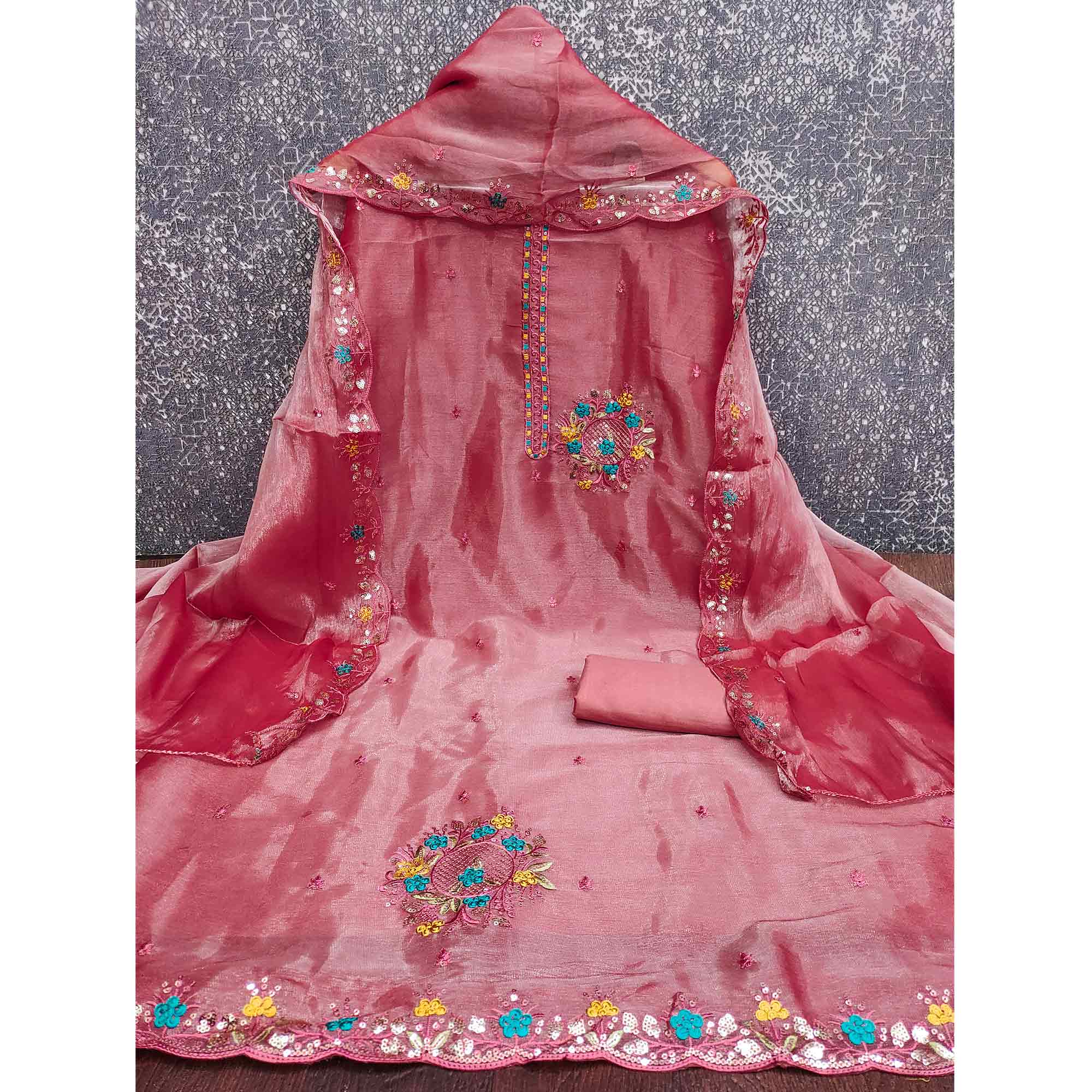 Graceful Pink Silk Blend Dress Material Featuring Exquisite Floral Embroidery & Sequins Accents