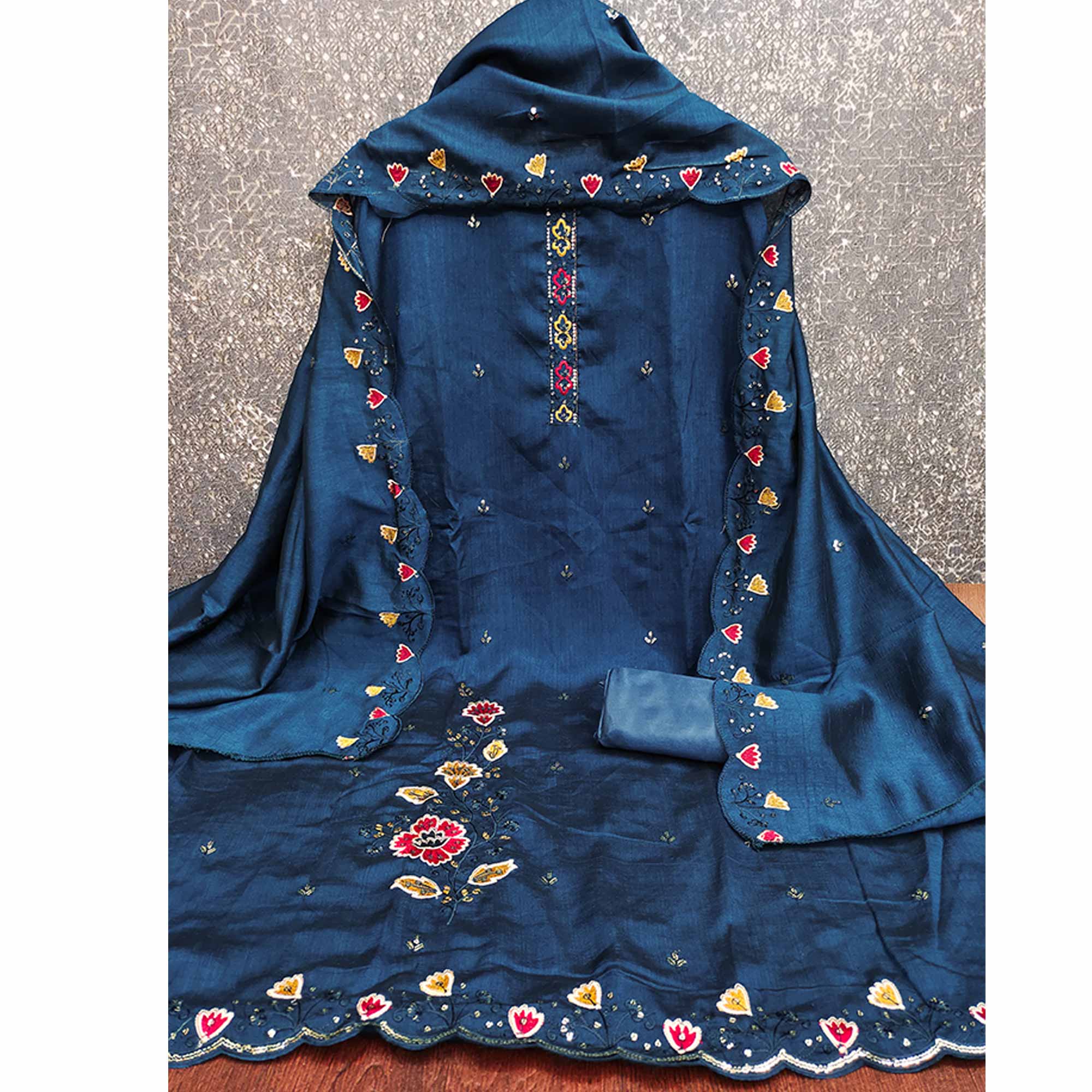Graceful Blue Vichitra Silk Dress Material Adorned With Floral Thread Embroidery & Sequins Work