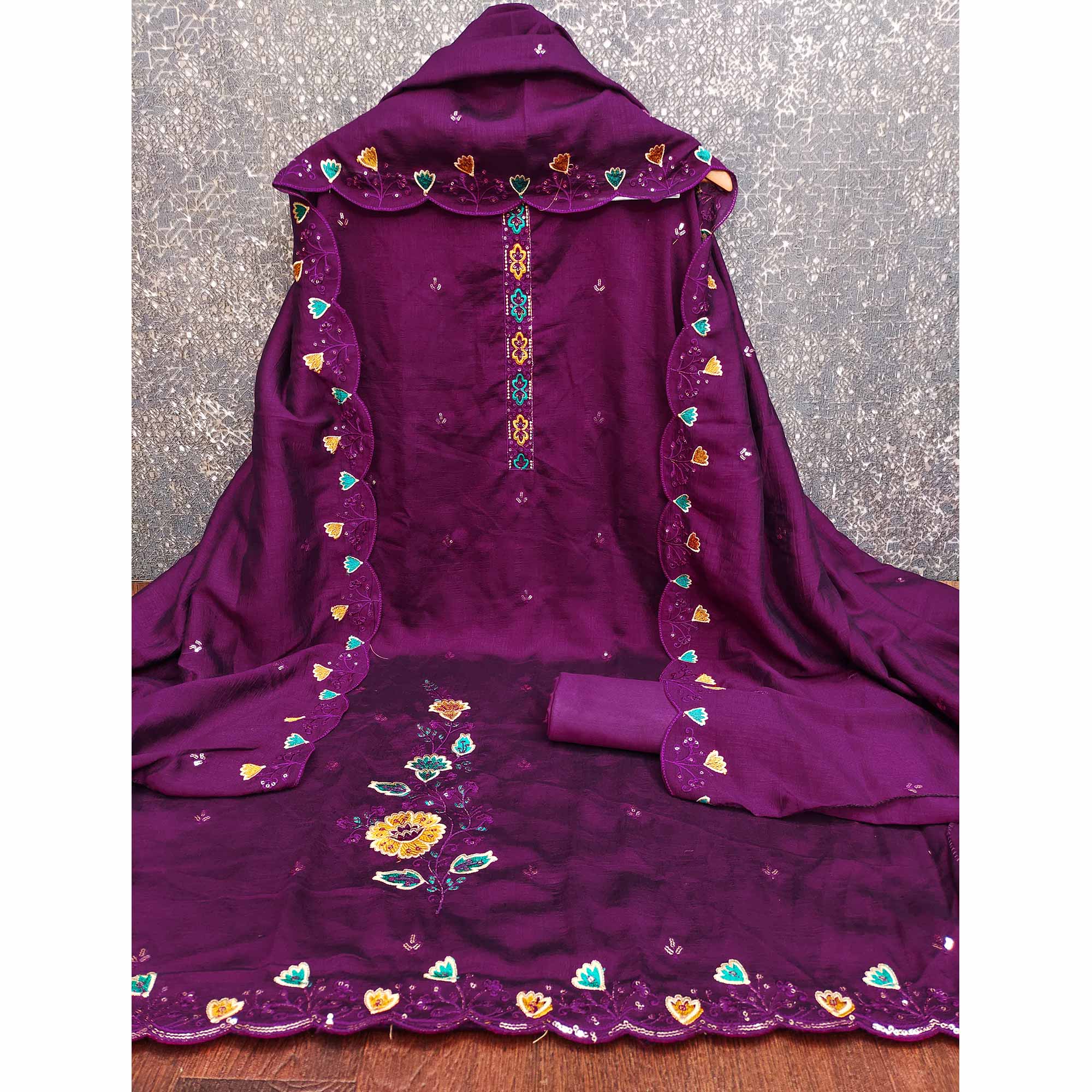 Graceful Purple Vichitra Silk Dress Material Adorned With Floral Thread Embroidery & Sequins Work