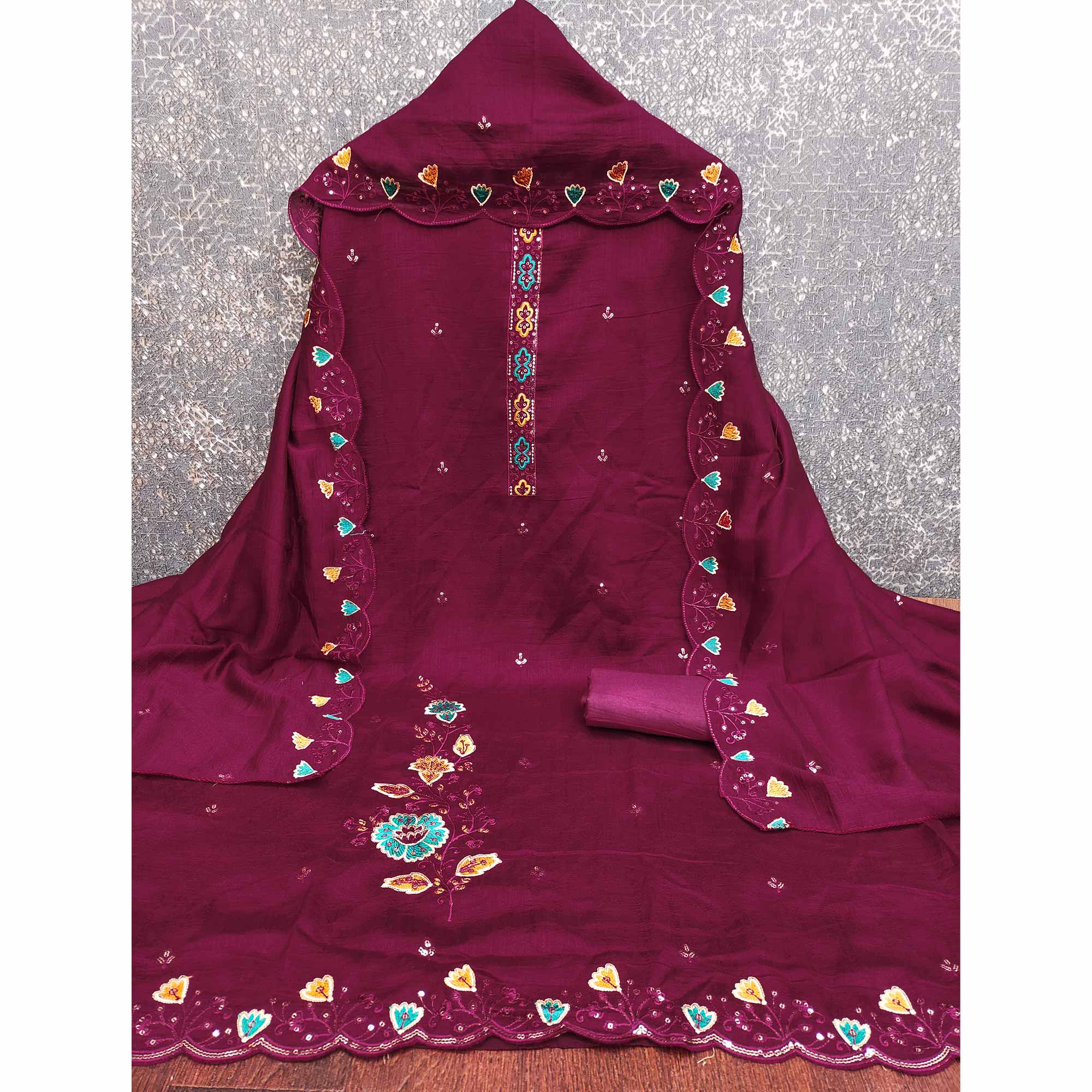 Graceful Wine Vichitra Silk Dress Material Adorned With Floral Thread Embroidery & Sequins Work