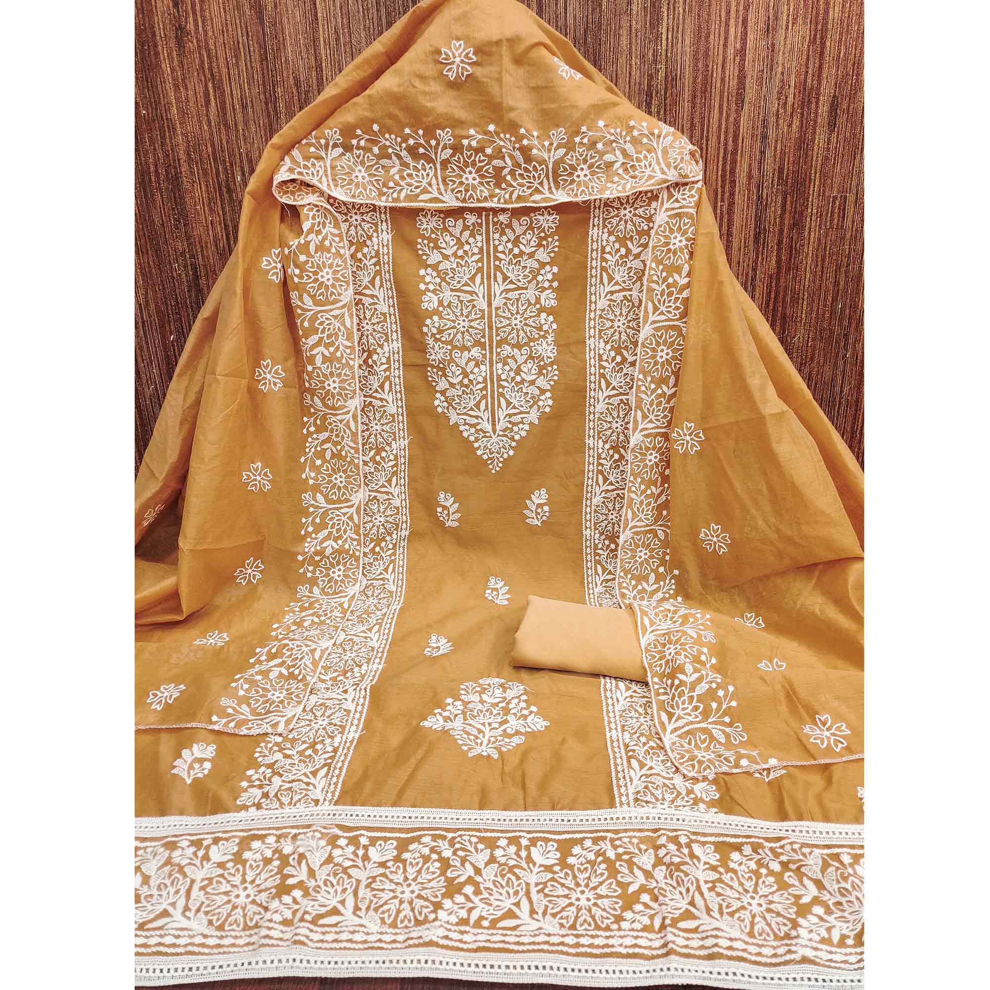 Beige Cotton Blend Unstitched Suit Material with Soft Floral Embroidery Work
