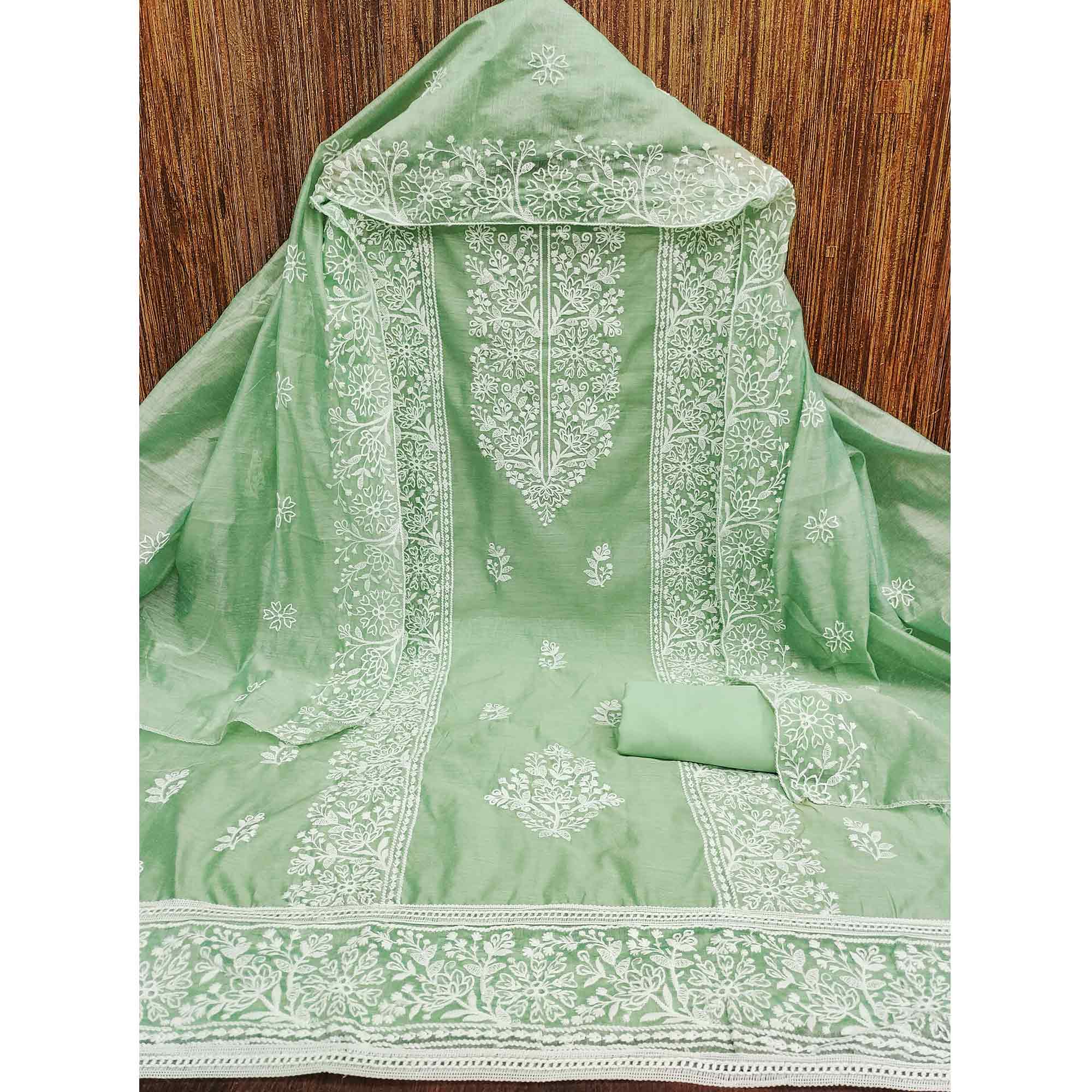 Pista Green Cotton Blend Unstitched Suit Material with Soft Floral Embroidery Work
