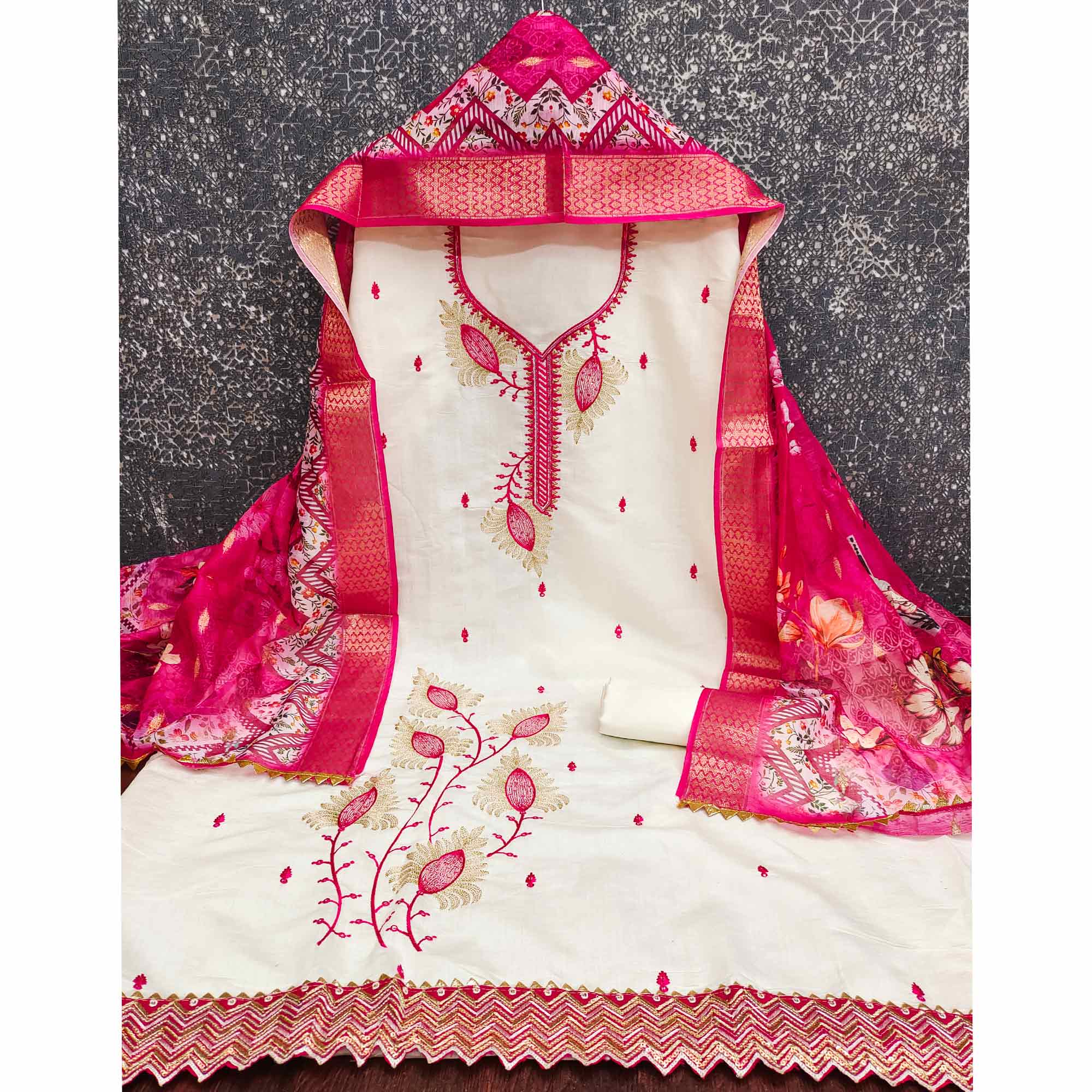 Elegant Cream & Pink Floral Embroidered Roman Cotton Silk Dress Material With Subtle Sequins Work