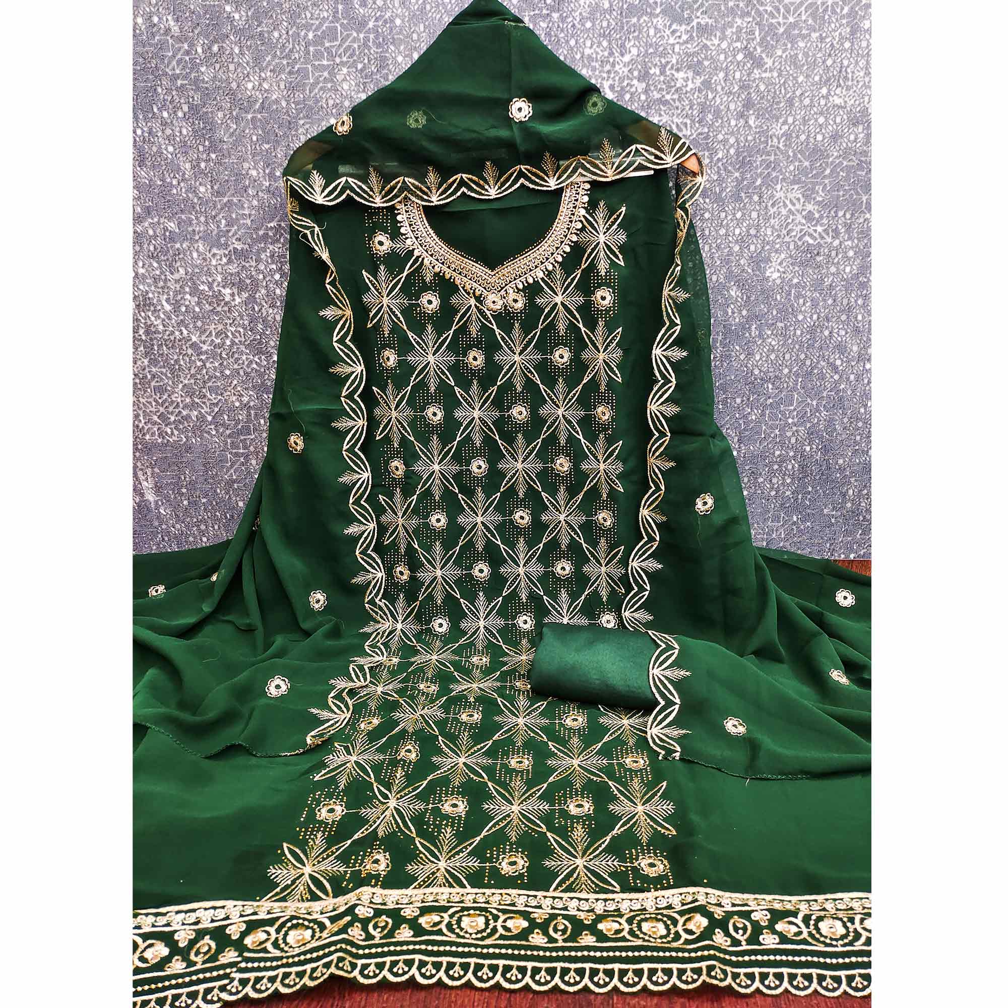 Premium Green Floral Embroidered Georgette Dress Material Accentuated With Swarovski Detailing