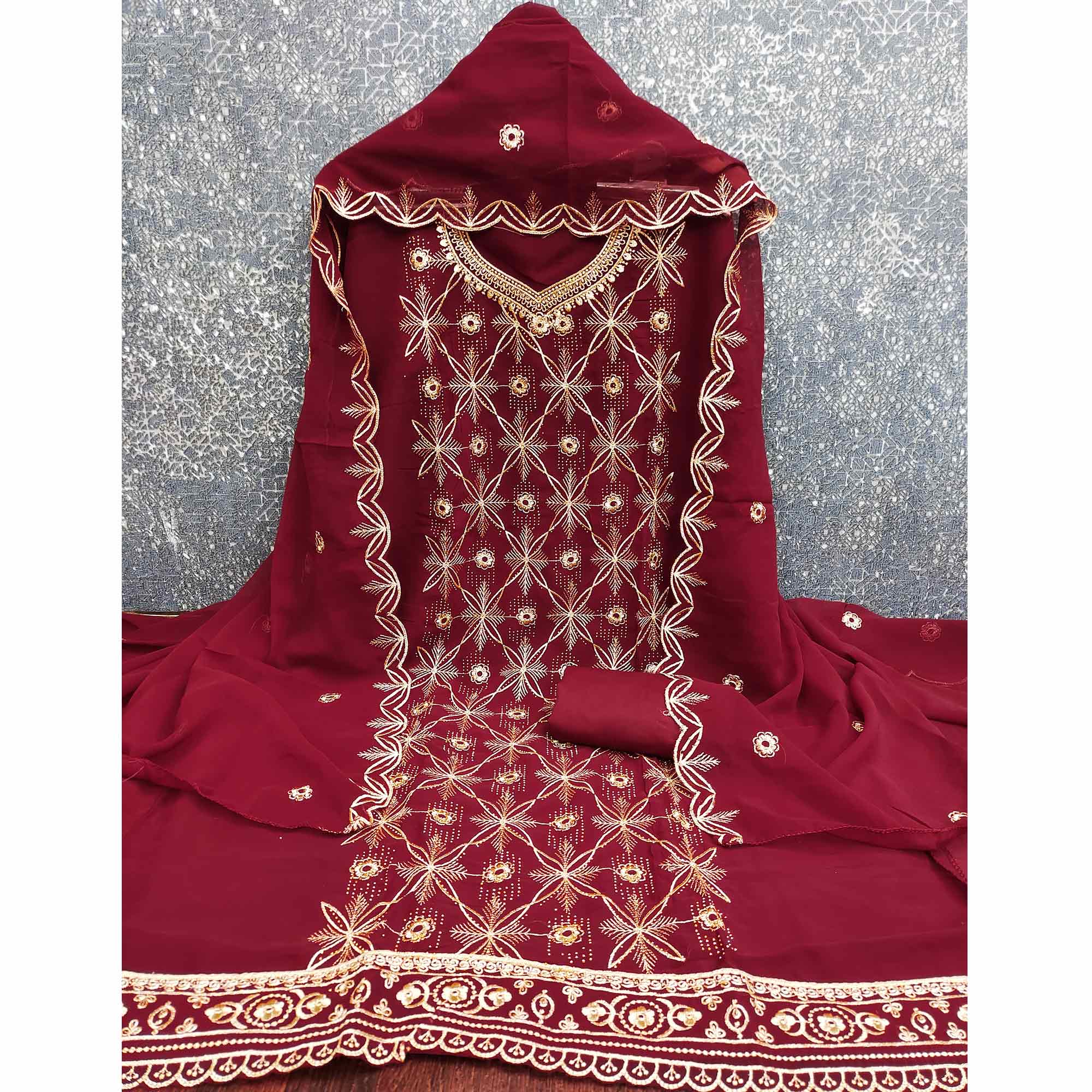 Premium Maroon Floral Embroidered Georgette Dress Material Accentuated With Swarovski Detailing