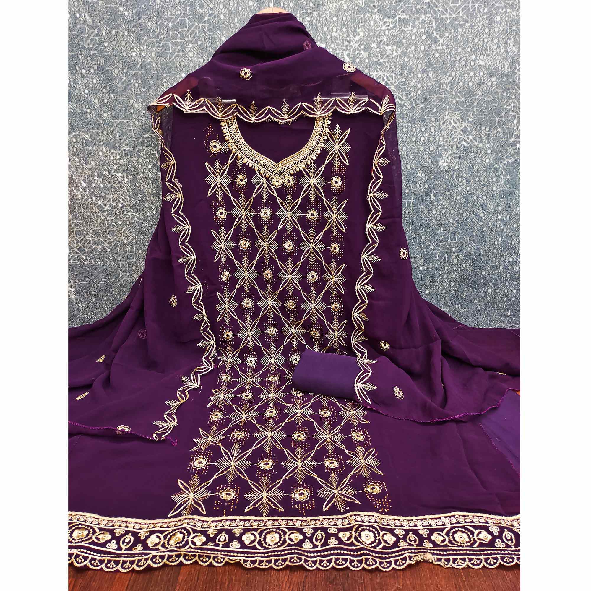 Premium Purple Floral Embroidered Georgette Dress Material Accentuated With Swarovski Detailing