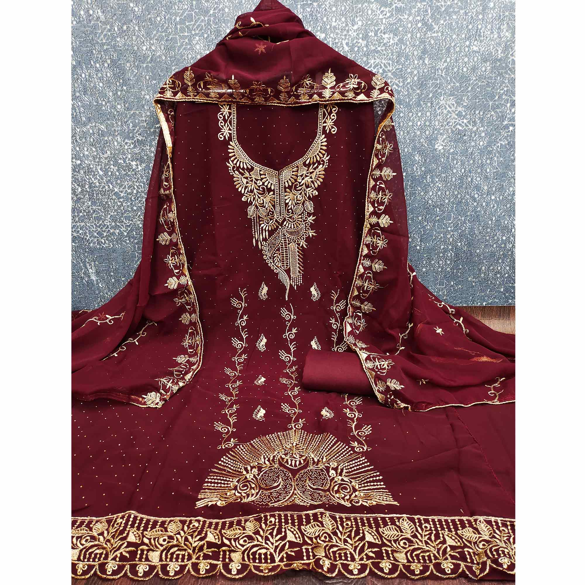 Ethnic Maroon Floral Embroidered Georgette Dress Material With Shimmering Swarovski Accents