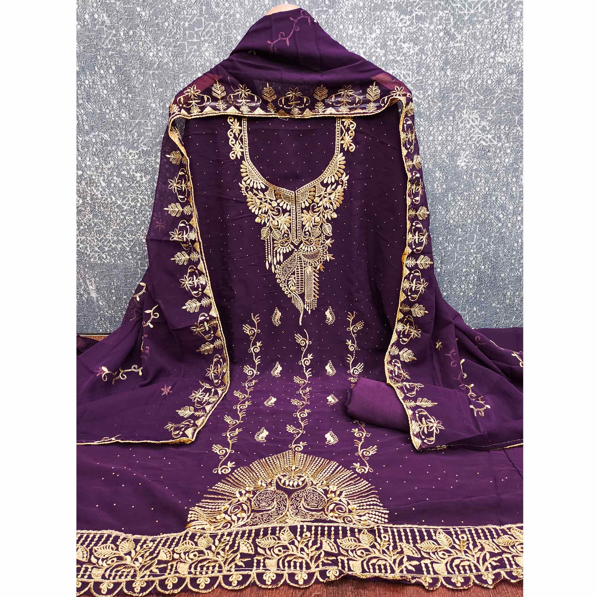 Ethnic Purple Floral Embroidered Georgette Dress Material With Shimmering Swarovski Accents