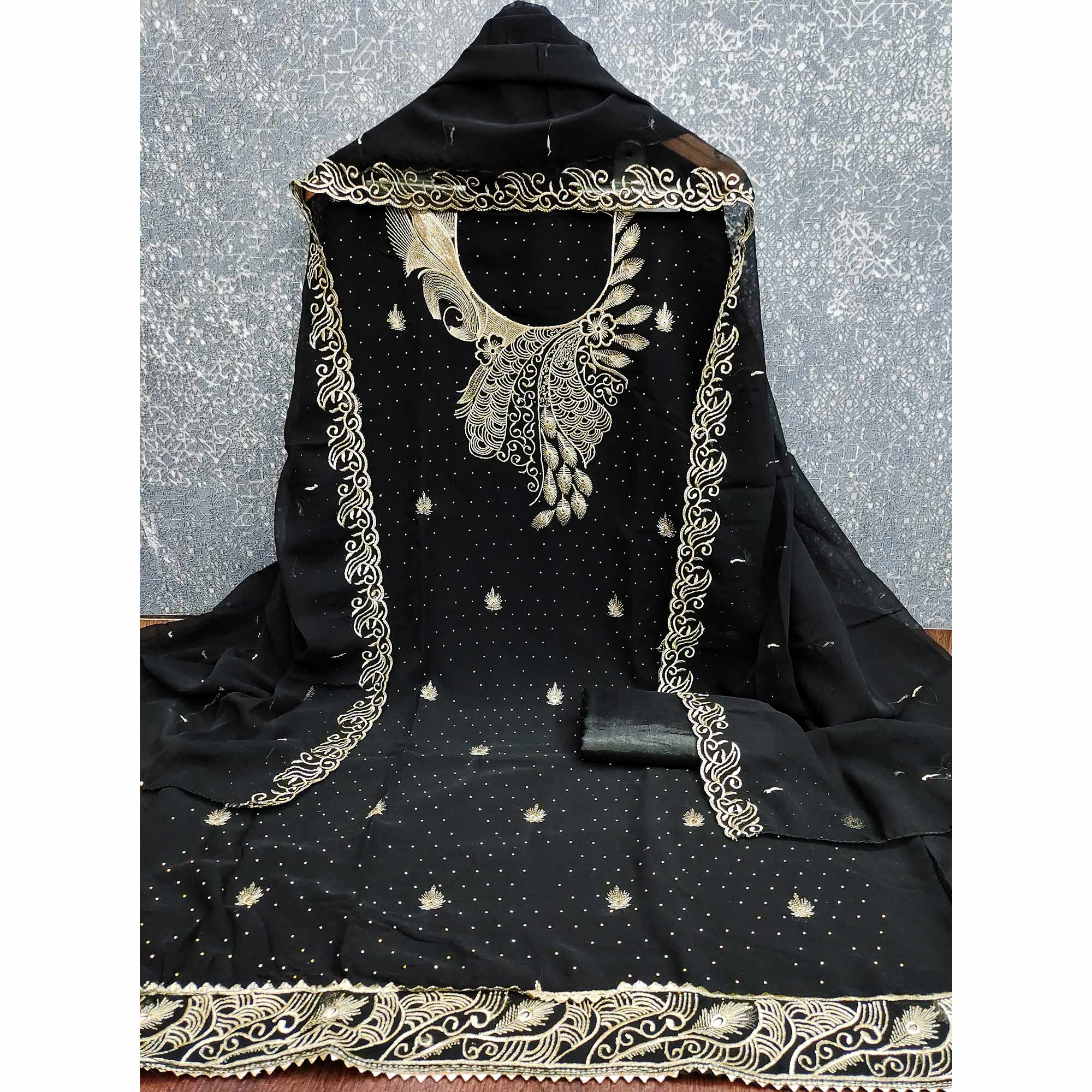 Sophisticated Black Floral Embroidered Georgette Dress Material Enhanced With Fine Swarovski Work