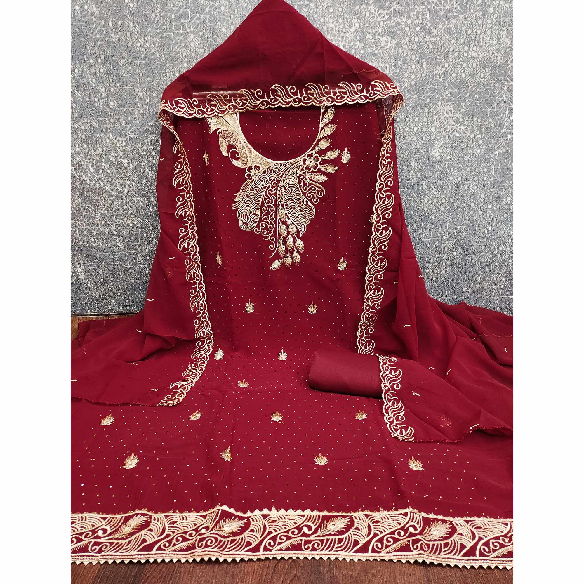 Sophisticated Maroon Floral Embroidered Georgette Dress Material Enhanced With Fine Swarovski Work