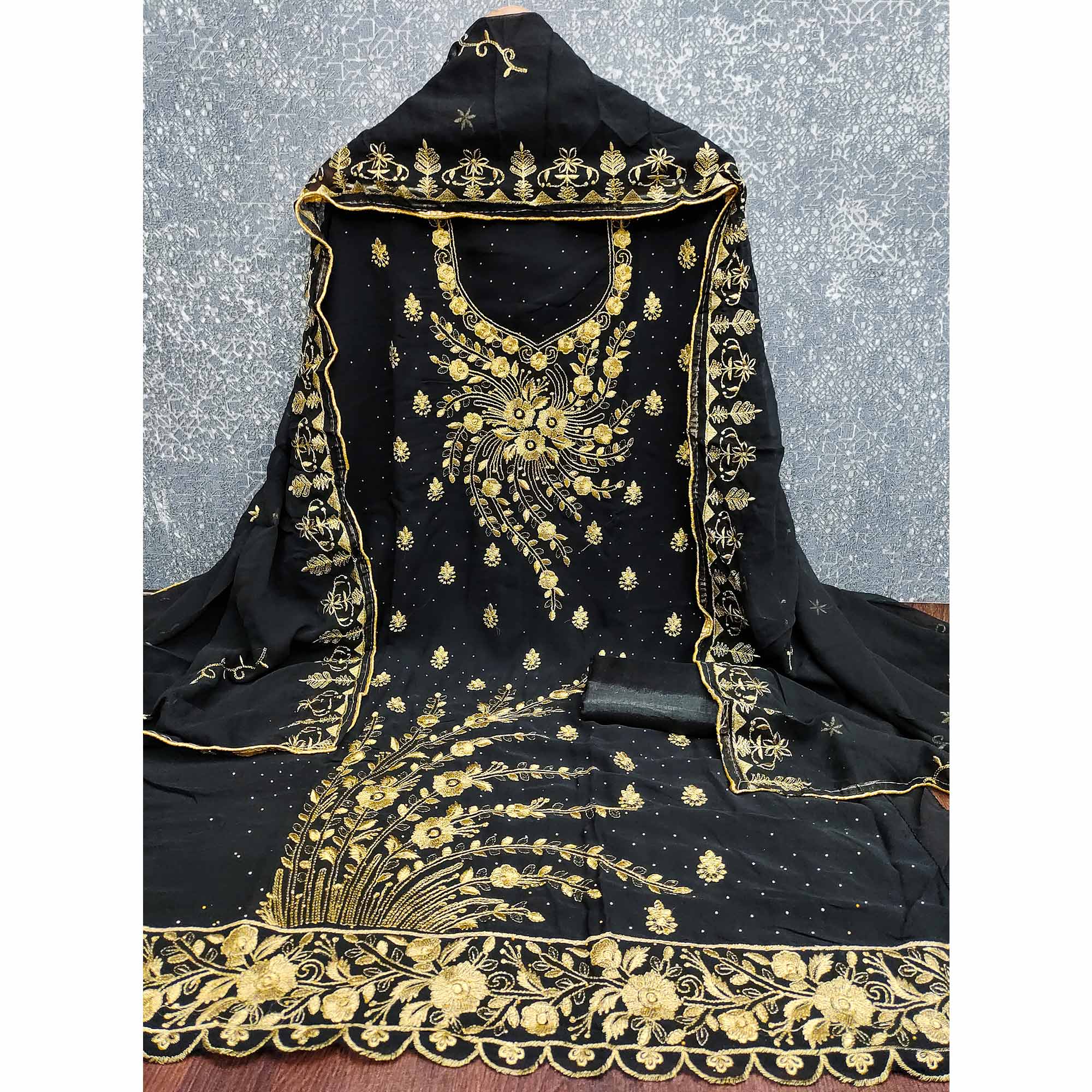 Classic Black Floral Embroidery Georgette Dress Material With Subtle Swarovski Embellishments