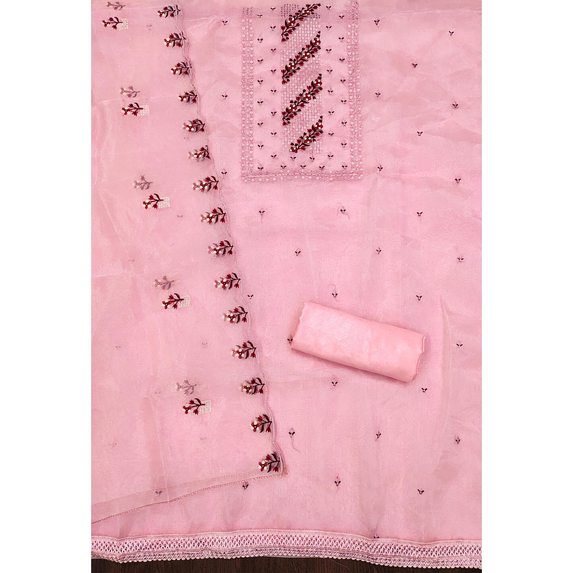 Baby Pink Floral Sequins Embroidered Organza Dress Material