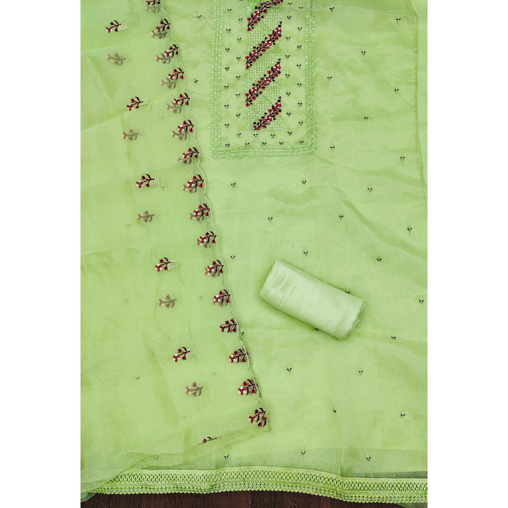 Pista Green Floral Sequins Embroidered Organza Dress Material