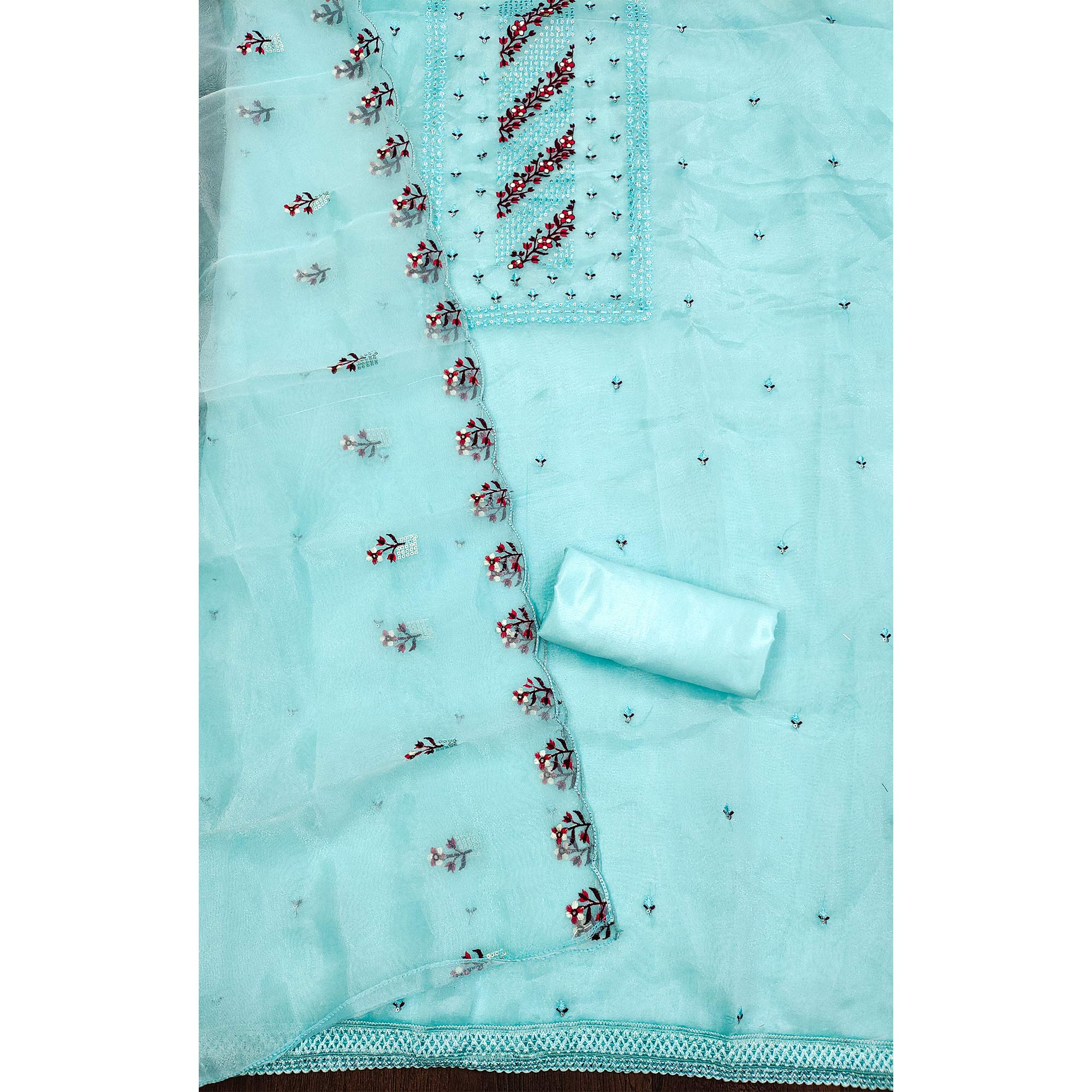 Sky Blue Floral Sequins Embroidered Organza Dress Material