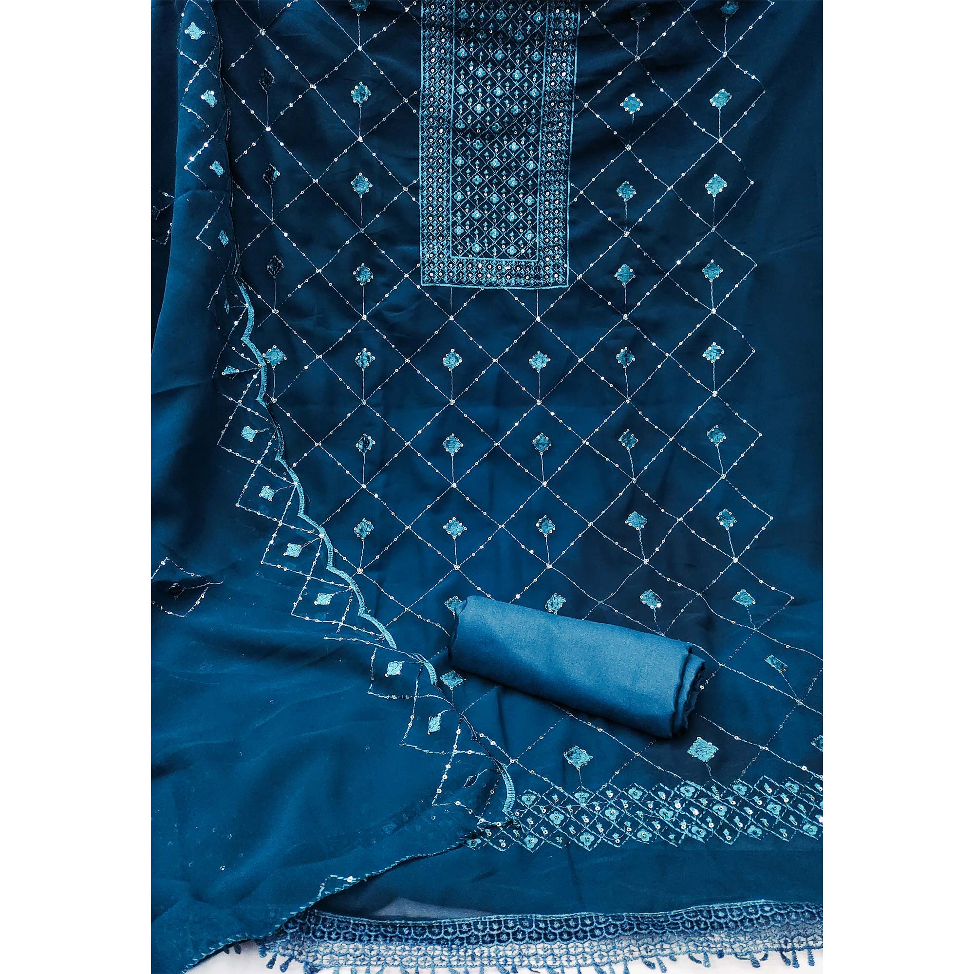 Blue Georgette Dress Material Featuring Delicate Thread Embroidery & Sequin Accent