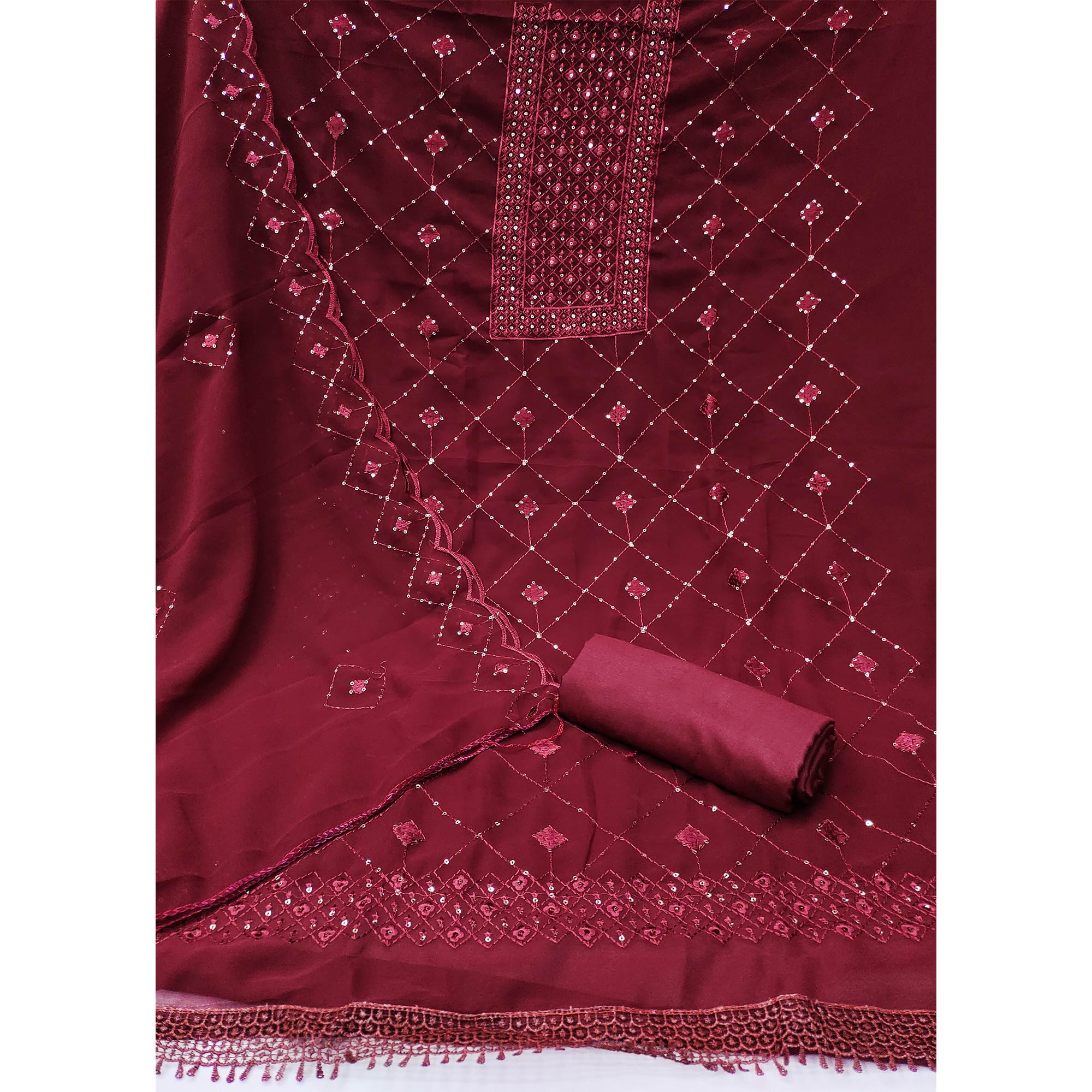 Maroon Georgette Dress Material Featuring Delicate Thread Embroidery & Sequin Accent