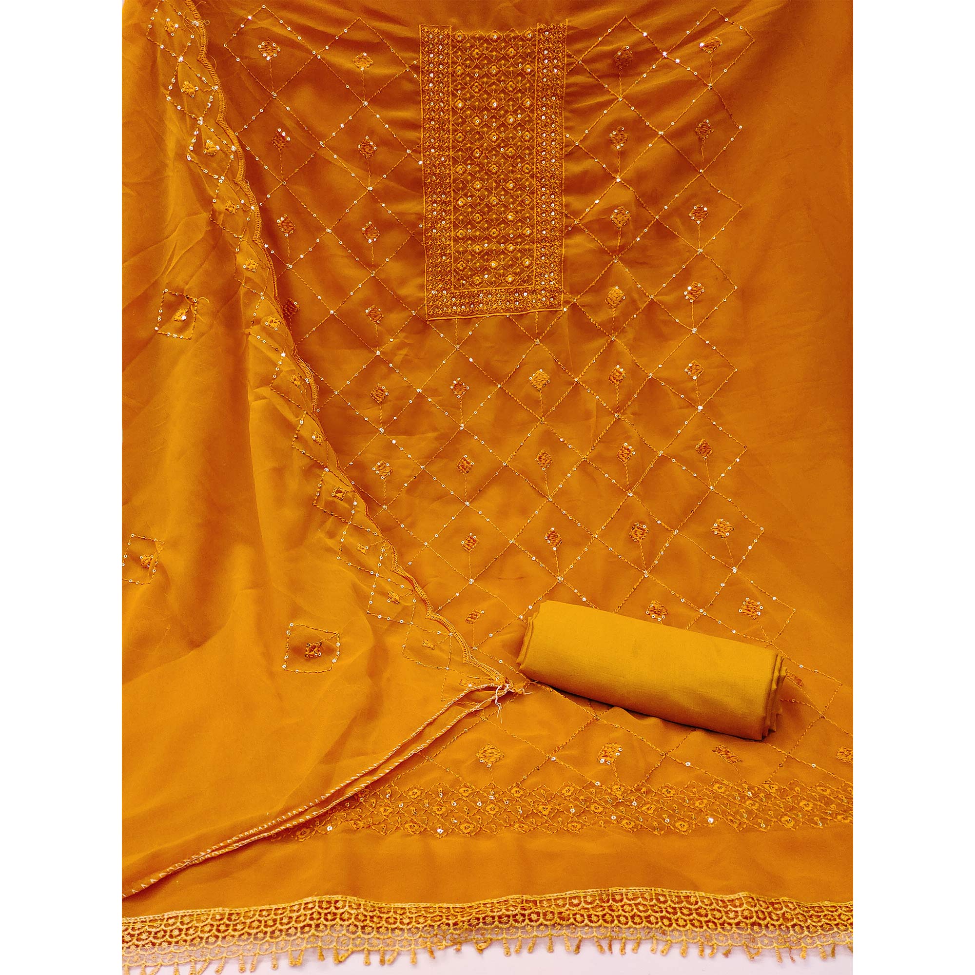 Mustard Georgette Dress Material Featuring Delicate Thread Embroidery & Sequin Accent