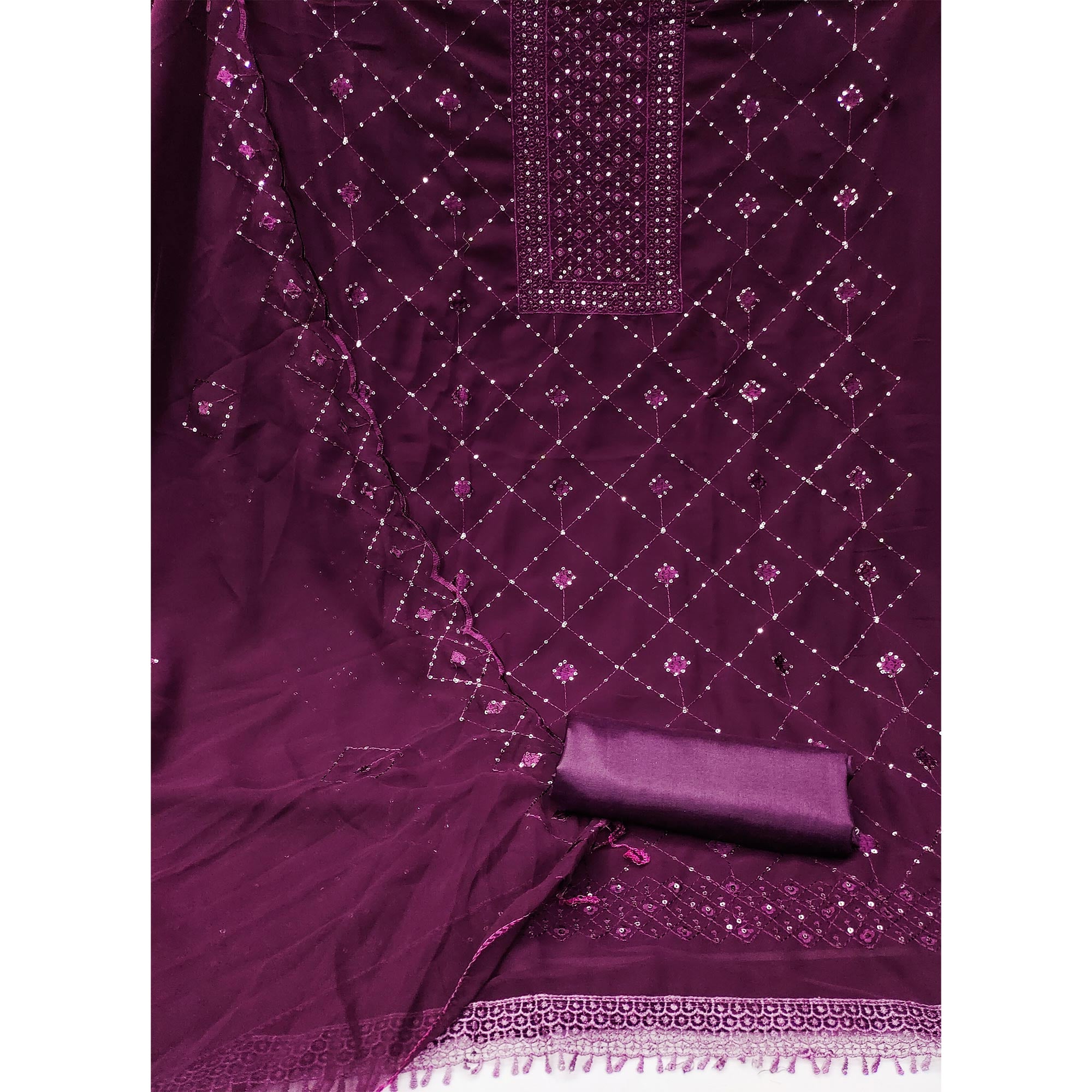 Wine Georgette Dress Material Featuring Delicate Thread Embroidery & Sequin Accent