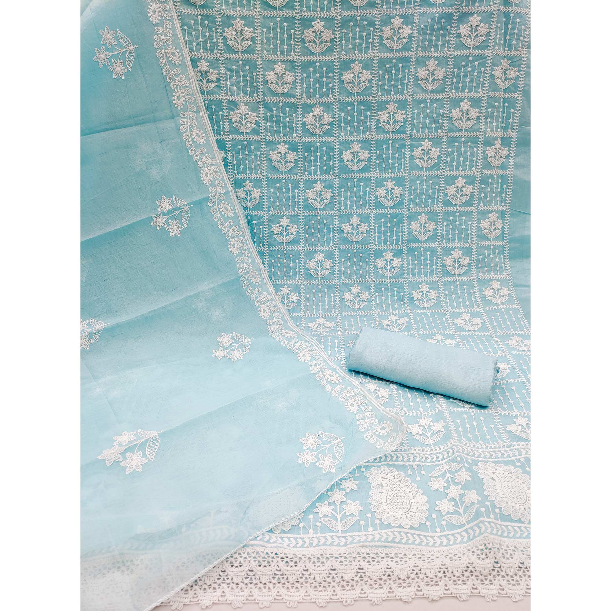 Blue Floral Embroidered Chanderi Cotton Dress Material