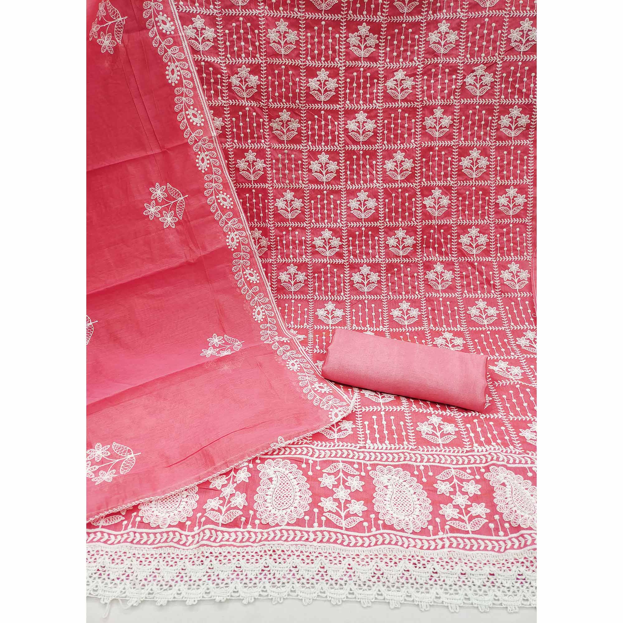 Gajari Pink Floral Embroidered Chanderi Cotton Dress Material