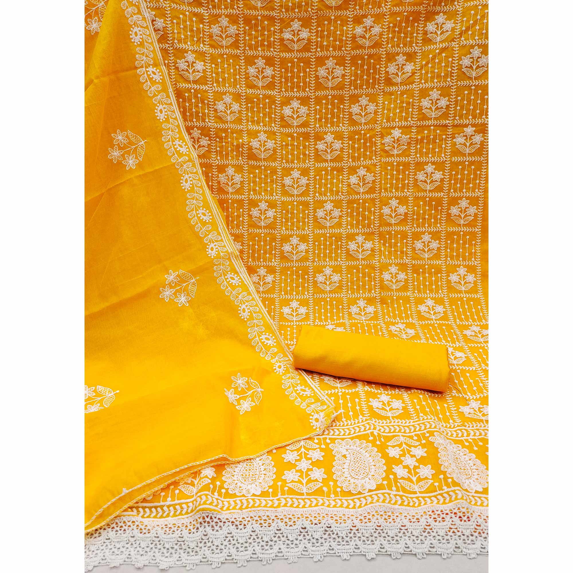 Yellow Floral Embroidered Chanderi Cotton Dress Material